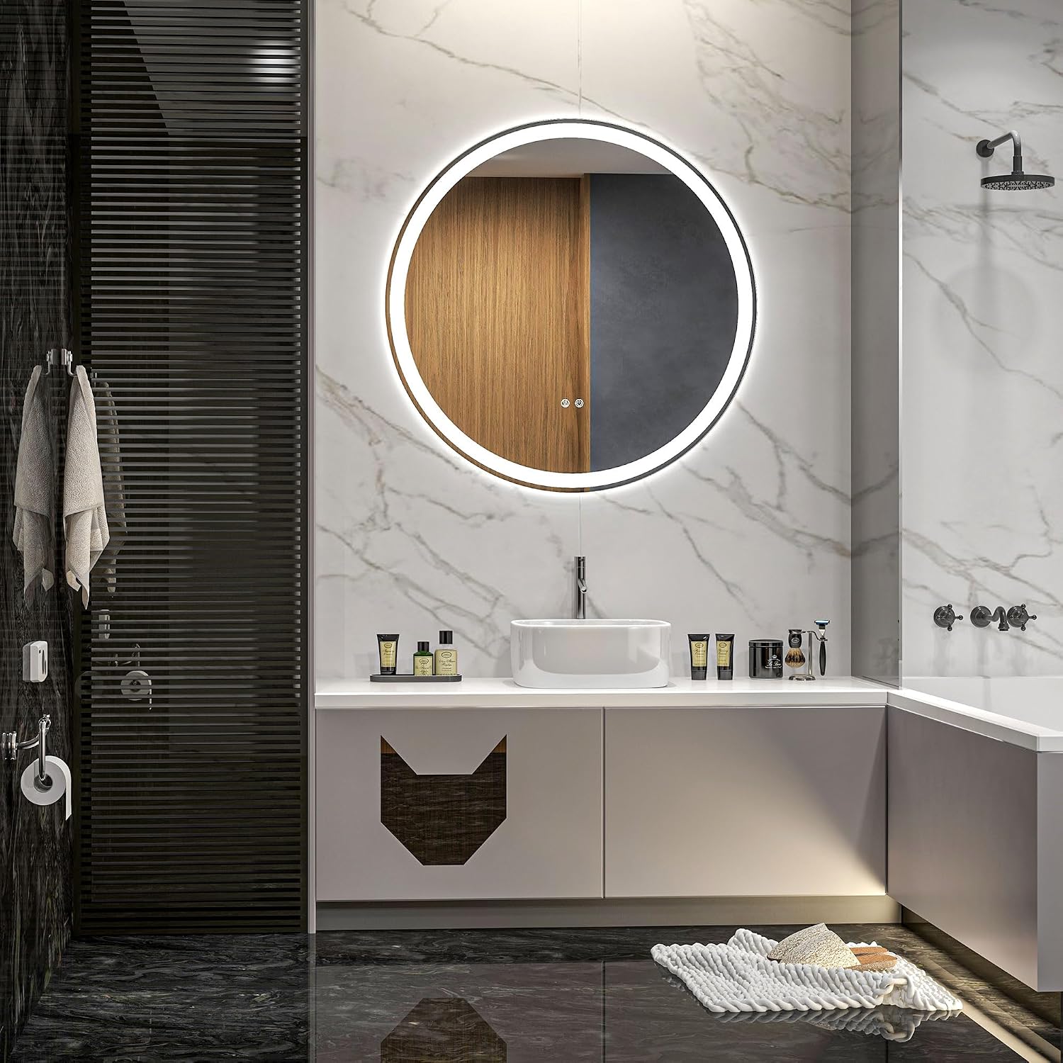 Detalle de kleankin Miroir de salle de bain rond Ø 80 cm avec éclairage LED et anti-buée