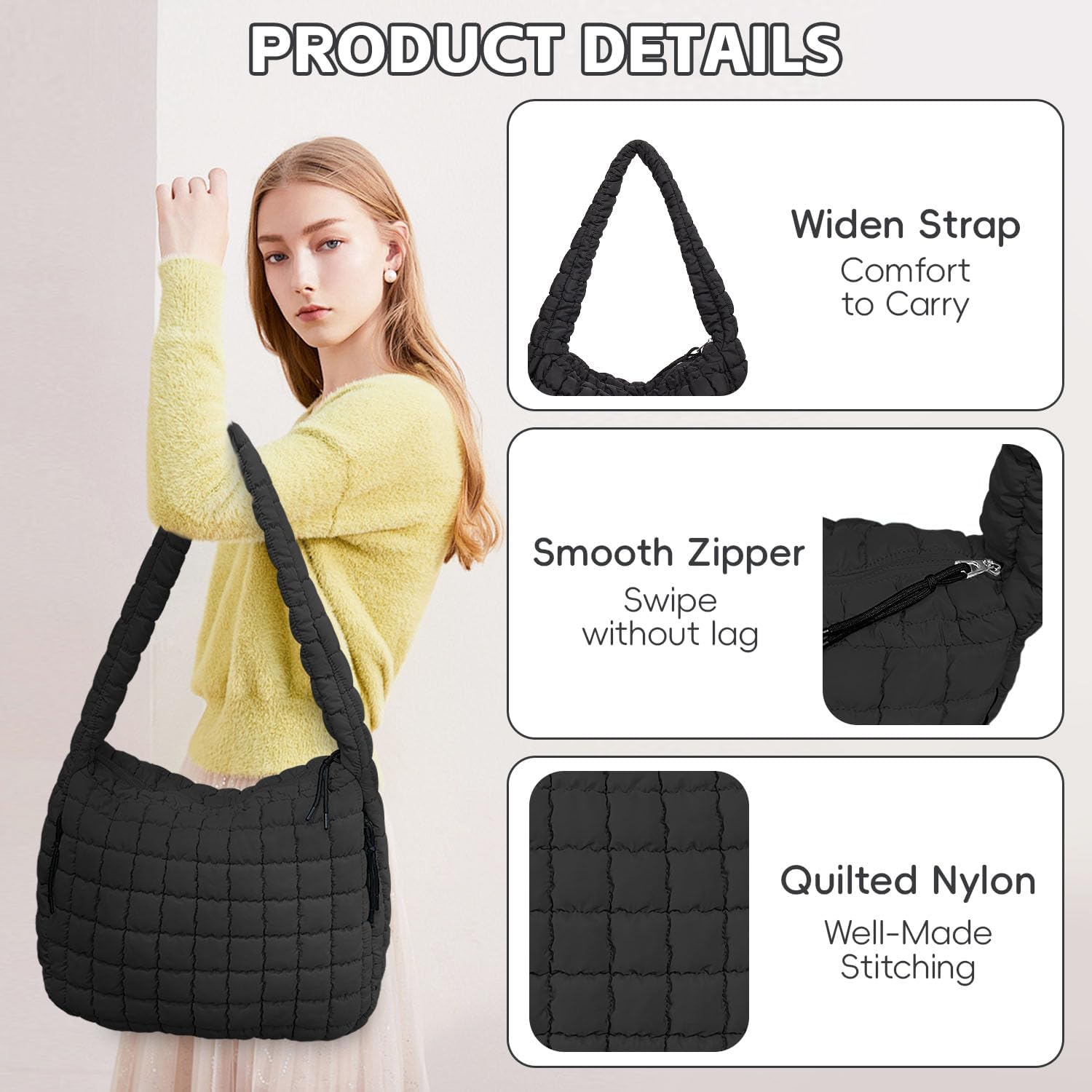 Detalle 2 de Bagtopia Puffer Tote Bag (Large Quilted Puffer Bag) – lightweight padded hobo tote for work, gym and travel