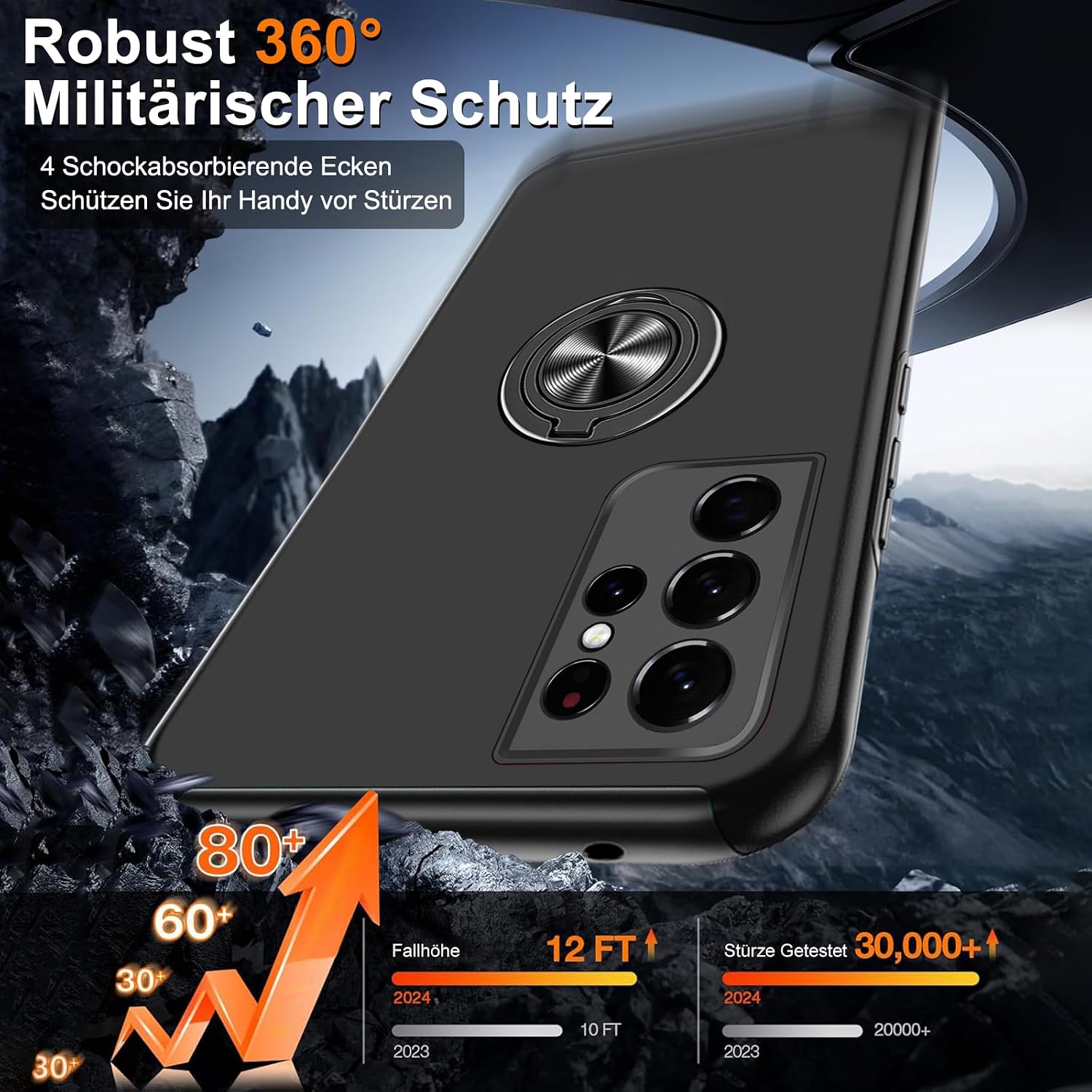 Detalle 2 de Handyhülle für Samsung Galaxy S21 Ultra mit Ringständer, Schutzfolie und Kratzschutz – Schwarz