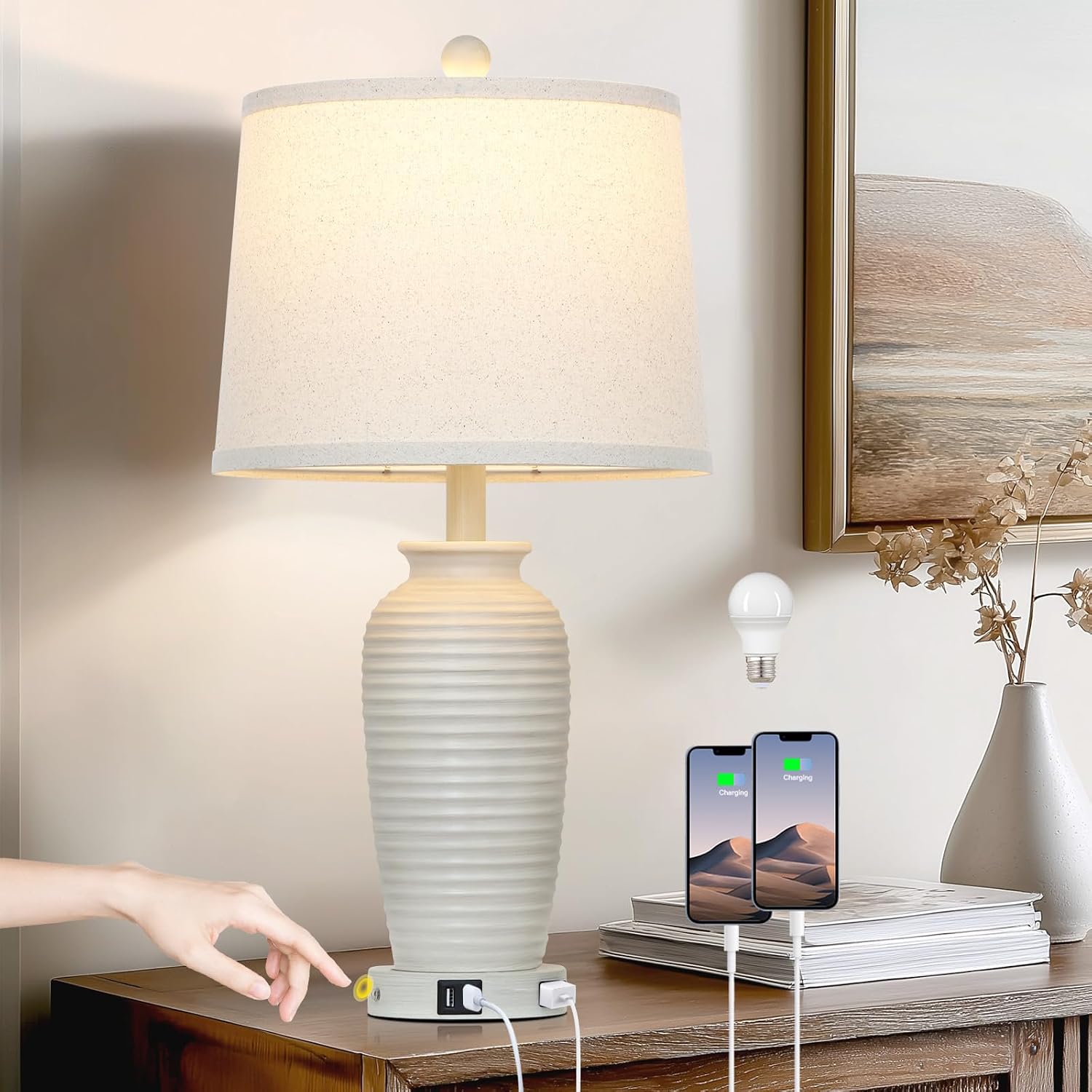 Detalle de CINSARY TD-CS-225-1PK 25" Farmhouse Table Lamp with Touch Dimming, USB-A/C & AC Outlet