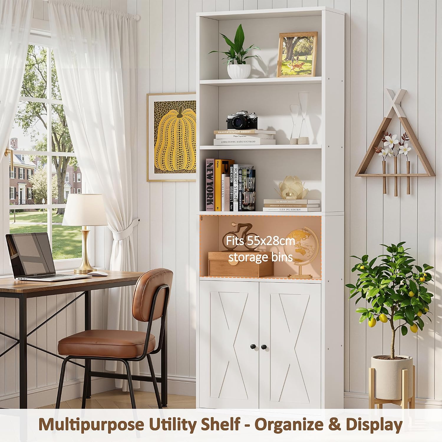 Detalle 2 de Shintenchi MSG002 Bookshelf, 6-Tier White Bookcase with Doors