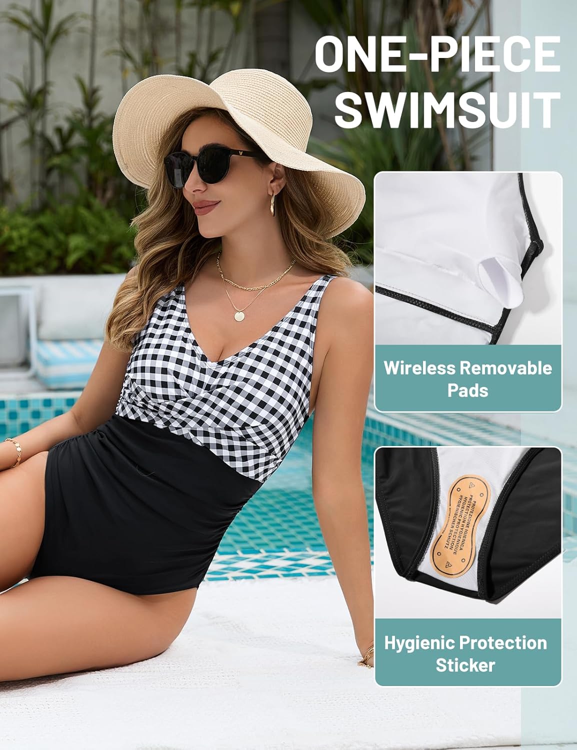 Detalle de Vijamiy Badeanzug Damen Bauchweg Schlankheits Push Up | One Piece V-Ausschnitt, Colour-Blocking