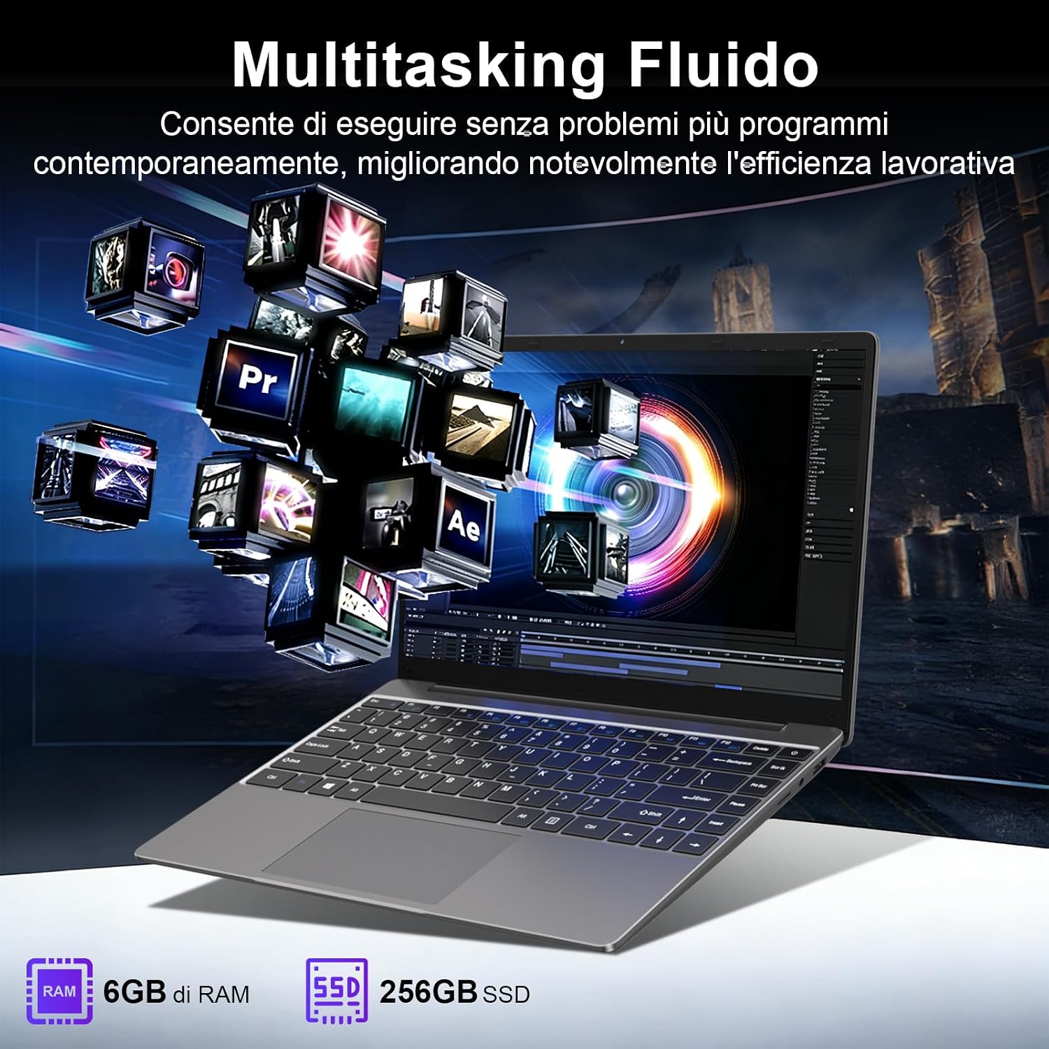 Thumbnail 3 de bvate PC Portatile 14'' con Windows 11, 256 GB SSD, Celeron N4020, espansione SSD fino a 1 TB – Grigio
