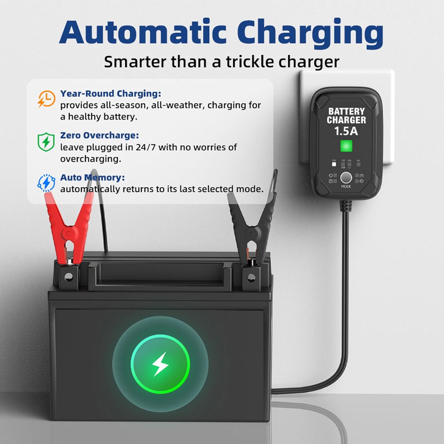 Thumbnail 1 de 1.5A 6V/12V Car Battery Charger (Automatic Trickle Charger) — Battery Maintainer with Temperature Compensation & Overcharge Protection