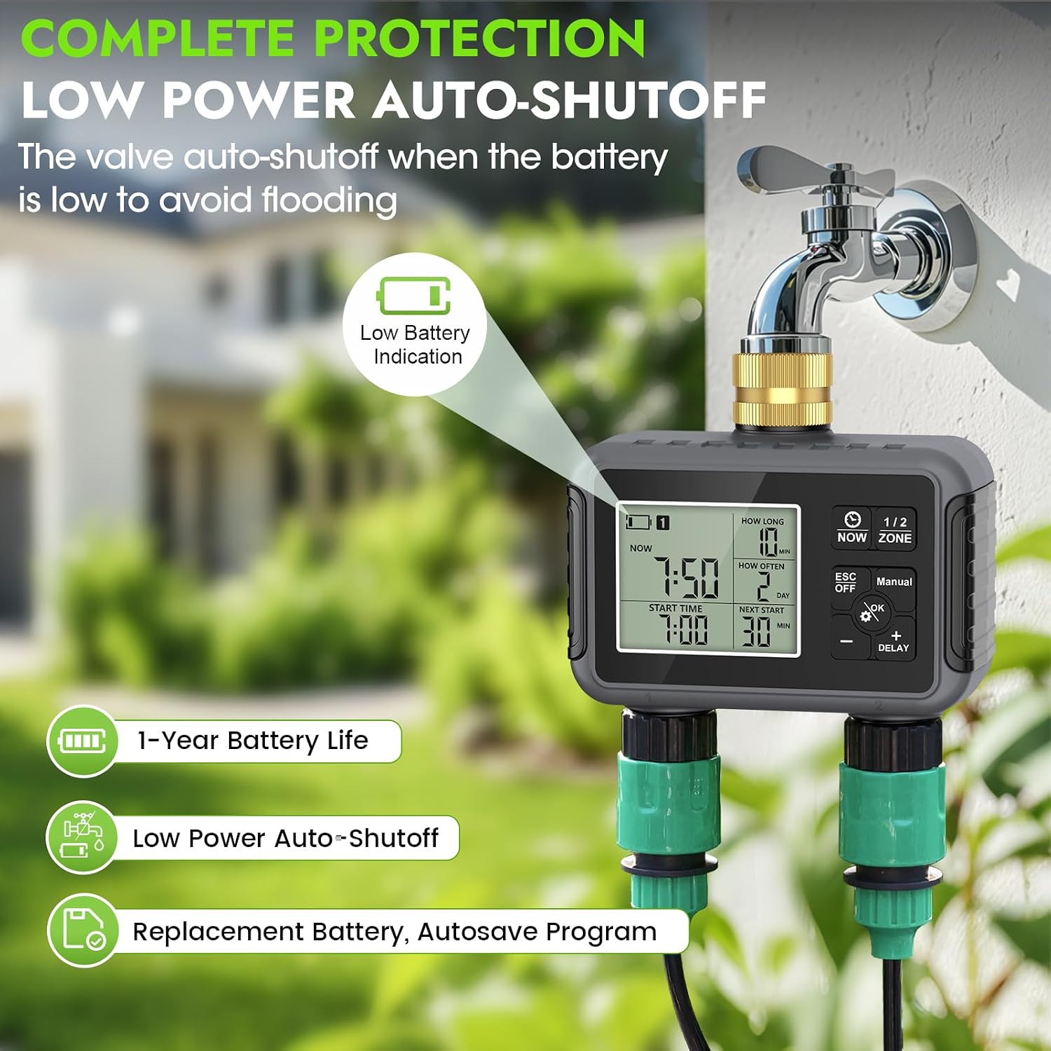Detalle de RIOGOO Timer rubinetto da giardino esterno con 2 Outlet: irrigazione automatica e ritardo pioggia