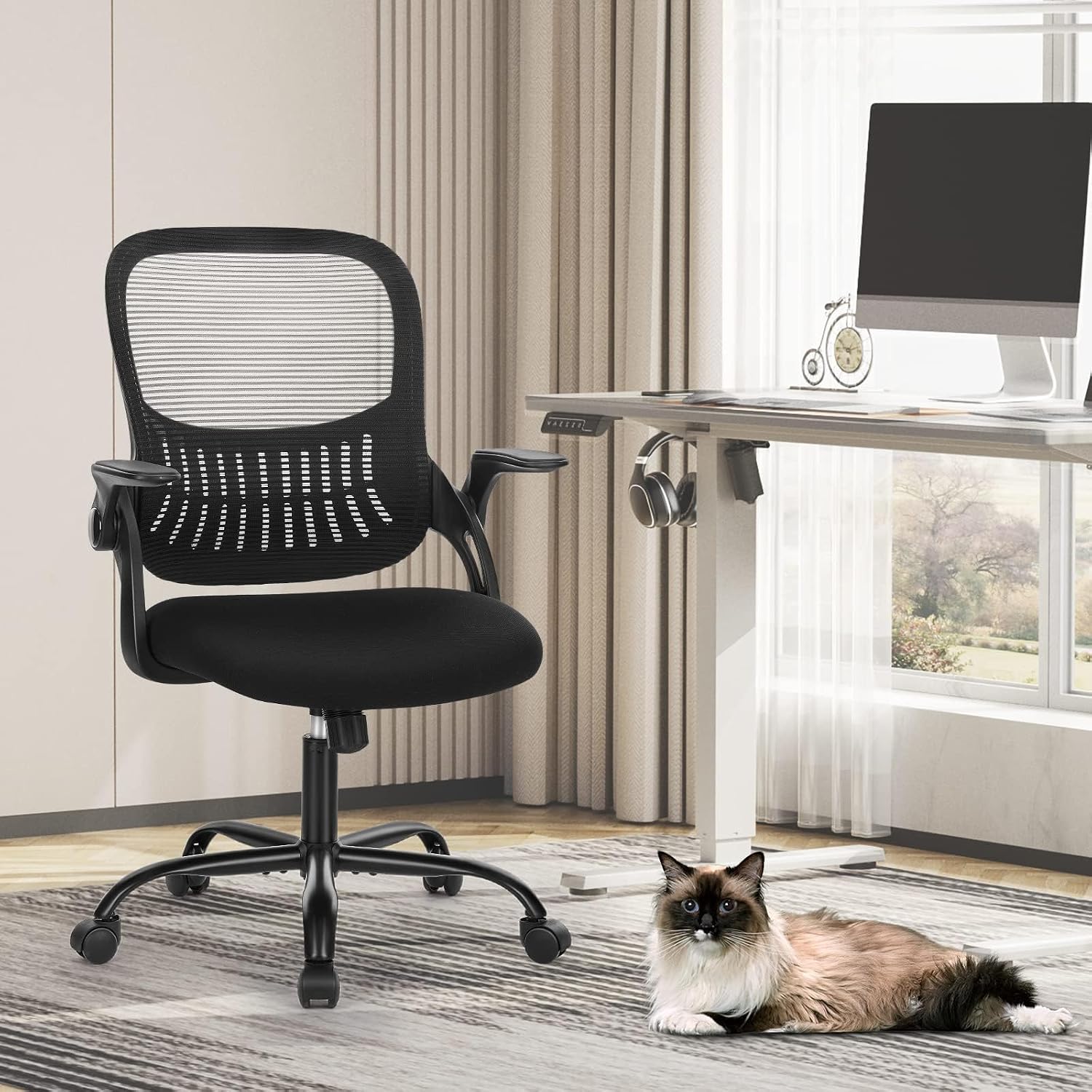 Detalle de Sweetcrispy C-3718-1B-BK Mid-Back Mesh Office Chair with Flip-Up Arms