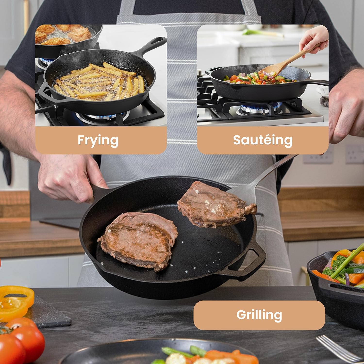Thumbnail 5 de nuovva 3‑Piece Cast Iron Skillet Set 25cm