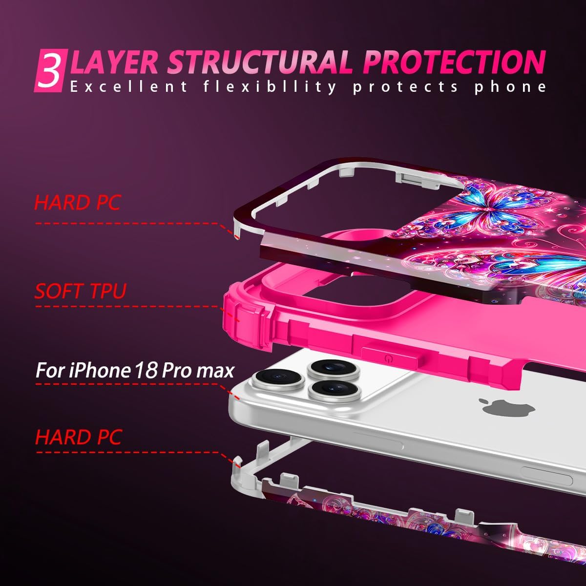 Detalle 2 de Miqala MI0227-03 iPhone 18 Pro Max Case, Glow-in-the-Dark Hot Red