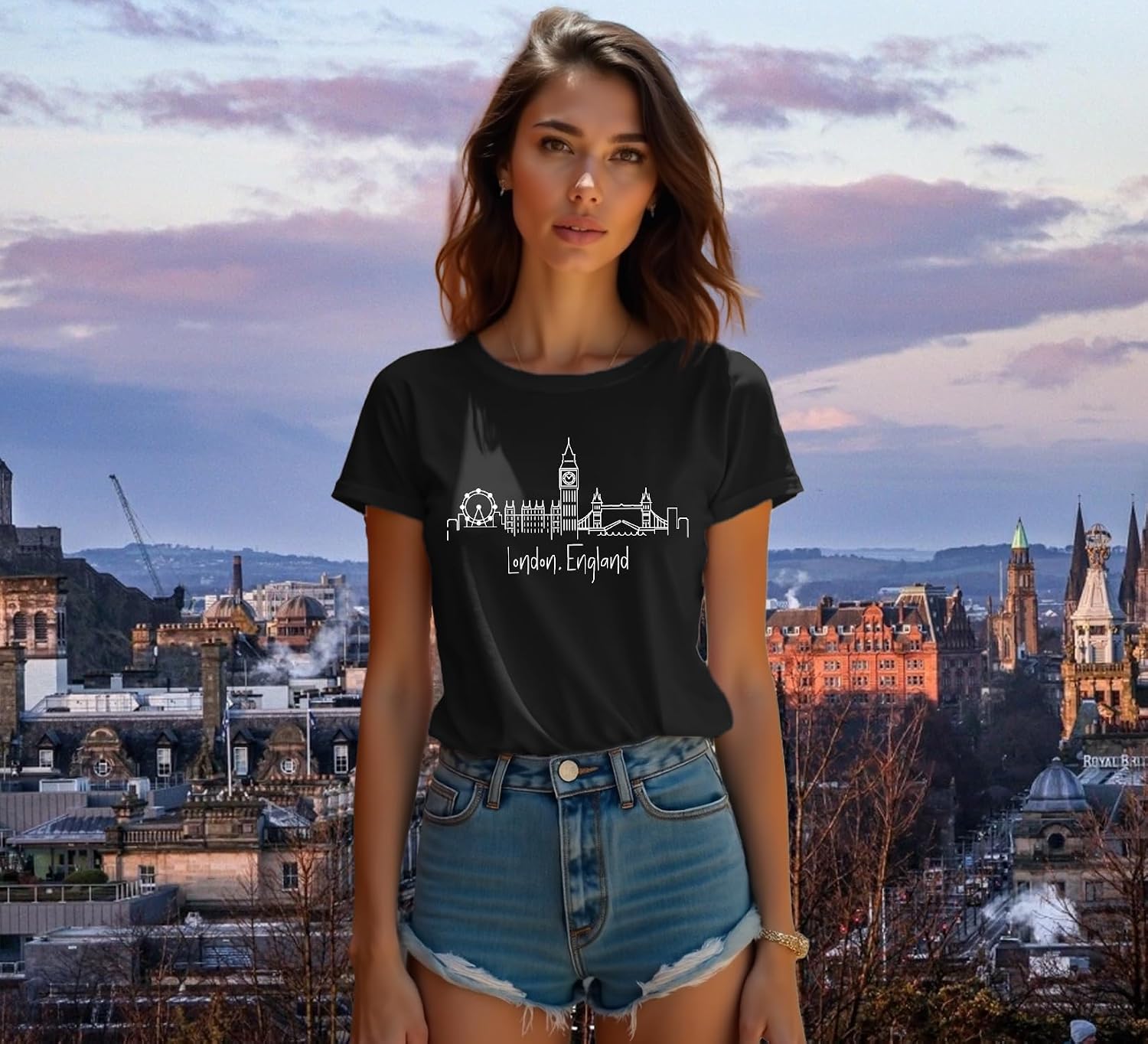 Detalle 2 de Qskall women’s London England T-shirts with London skyline print (crew neck casual tee)