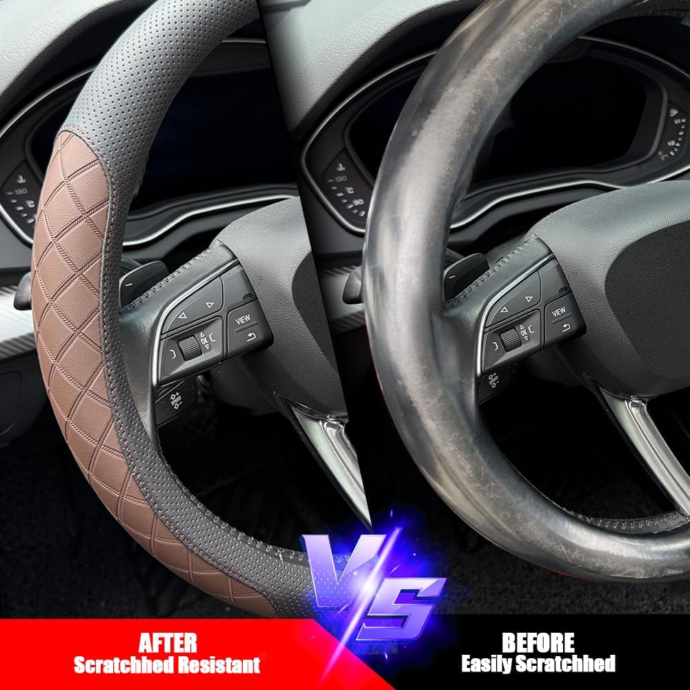 Thumbnail 4 de LKWLIKEI Nappa Leather Steering Wheel Cover with Elegant Diamond Checkered Design