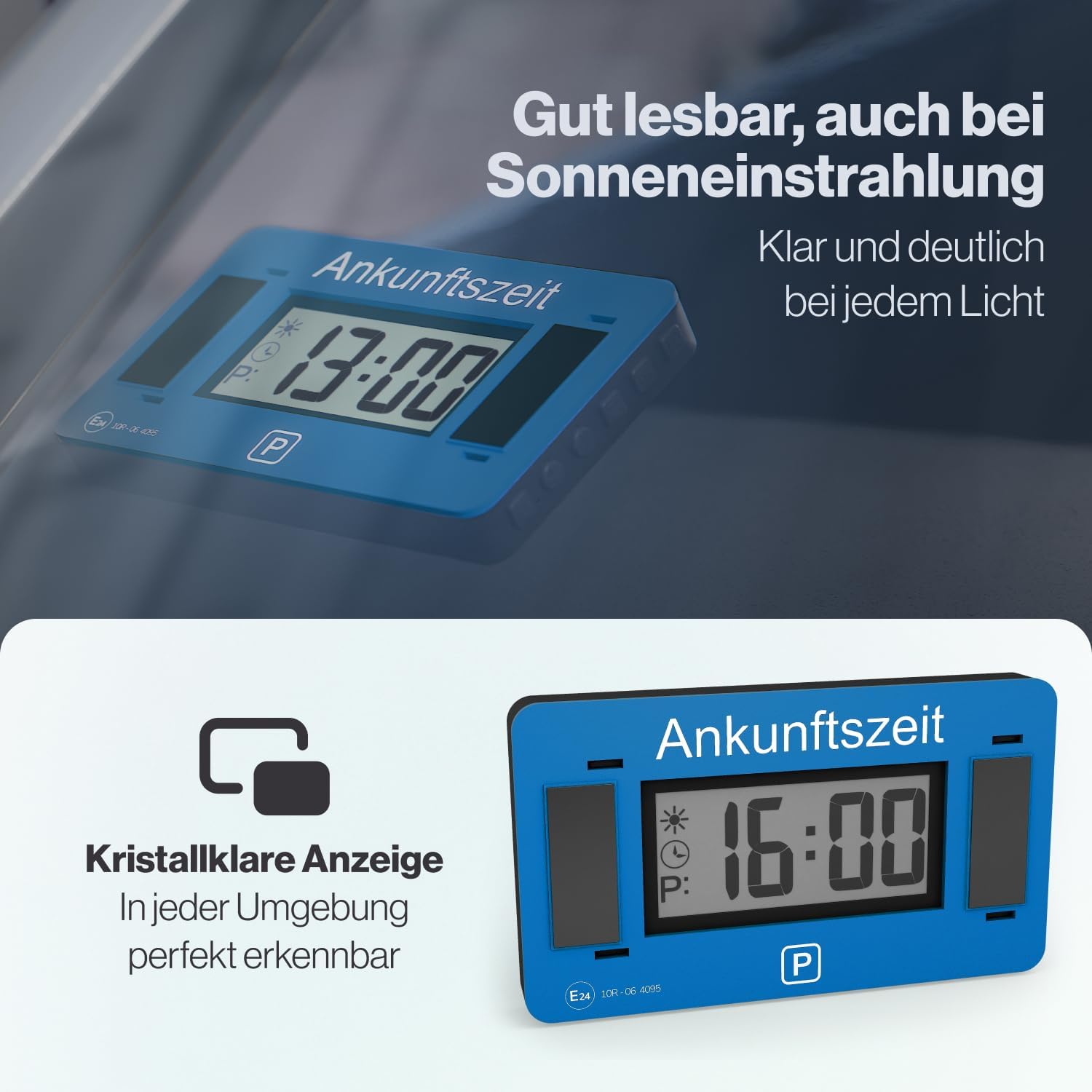 Detalle de Parkwächter V2 elektronische Parkscheibe mit StVO-Zulassung (ECE E24 10R – 06 4095) – Automatik, wechselbare Taktung, blau