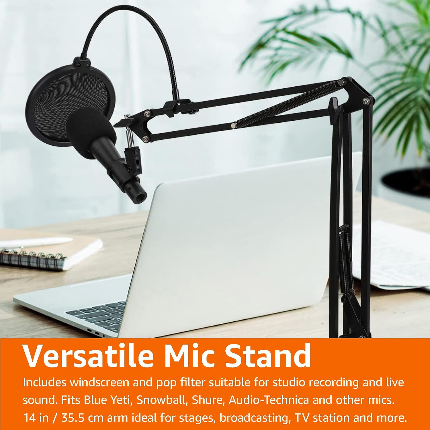 Detalle 2 de Amazon Basics Adjustable Microphone Arm Stand with Pop Filter & Foam Windscreen (14-inch) – Table Mount, 360° rotation