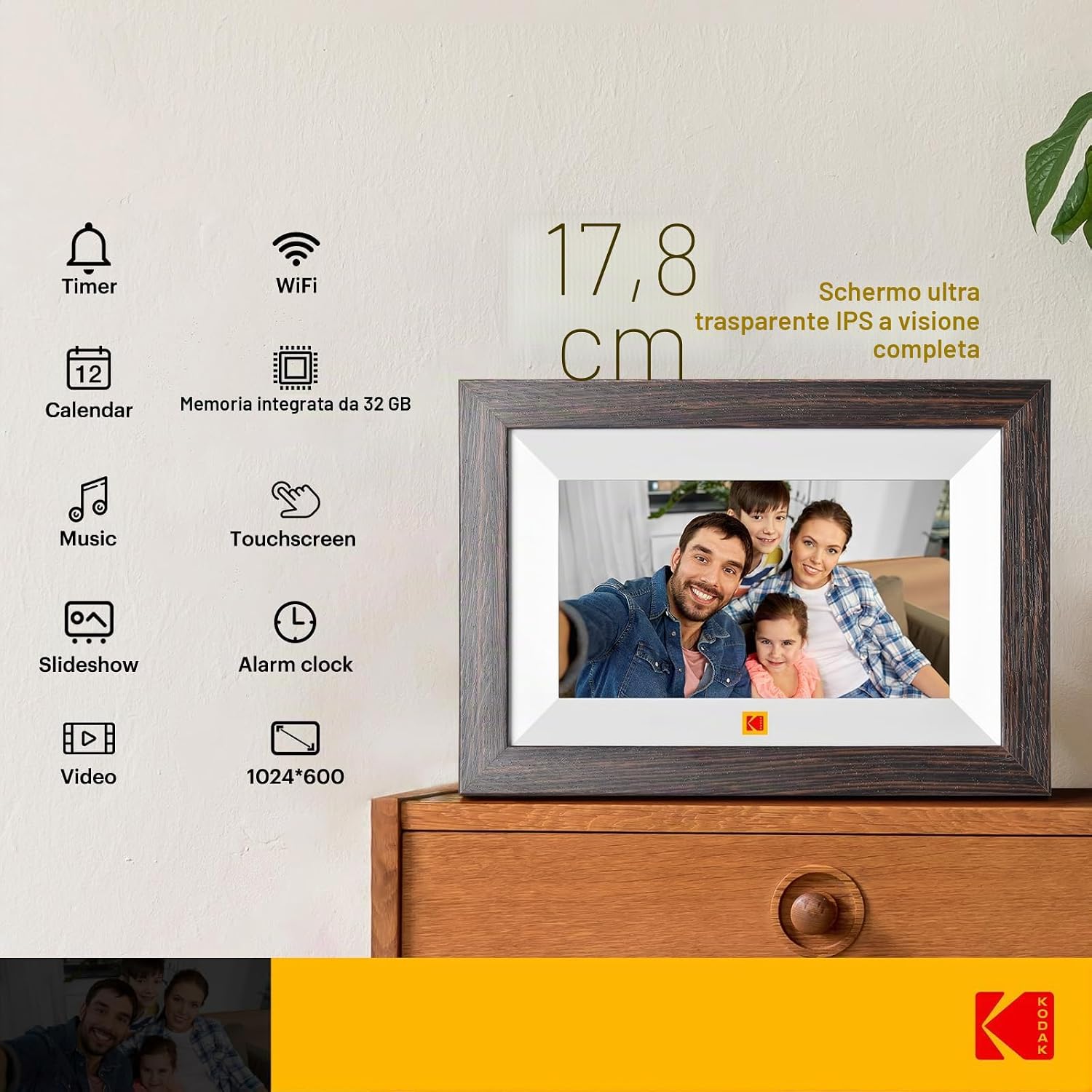 Detalle 2 de KODAK Cornice Digitale WiFi 7" IPS Touch – Cornice in legno con 32 GB
