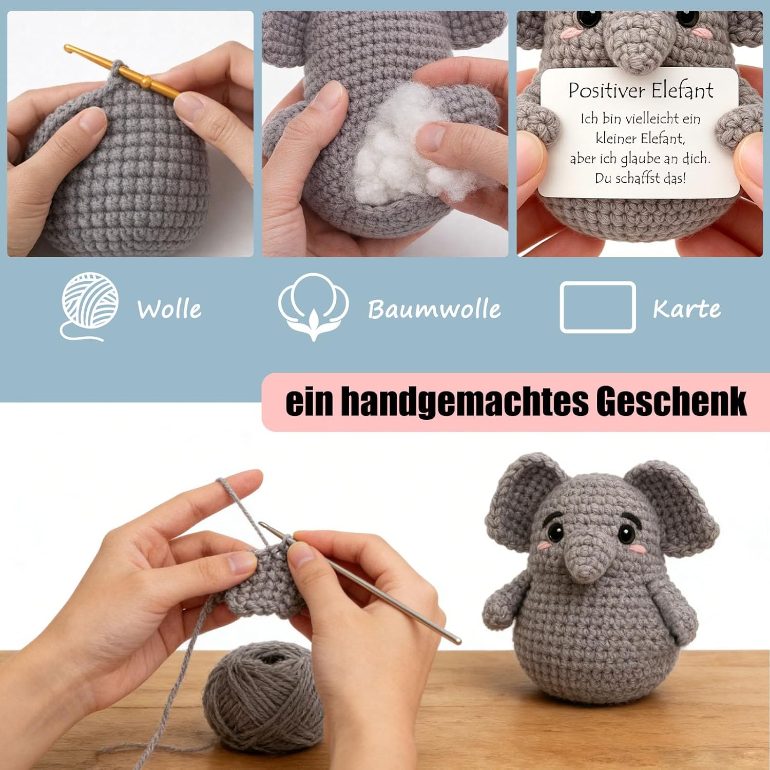 Detalle de Tixlux Pocket Hug „Positiver Elefant“ – Strick-Dekofigur mit Edelstahl-Glücksbringer als Mutmacher-Geschenk
