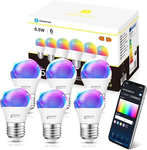 Detalle de Aigostar Bombilla Inteligente E27 6.5W 🌈 - 6 Unidades