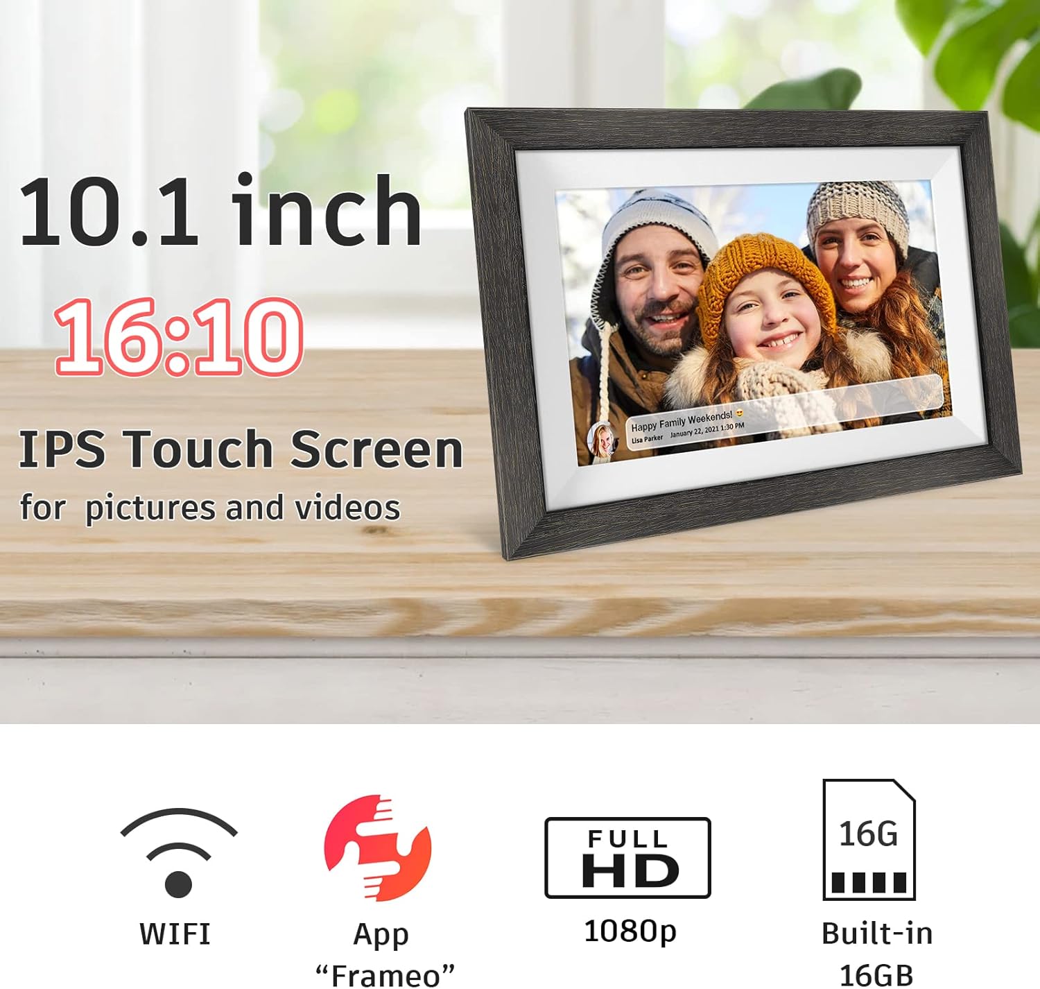 Thumbnail 6 de Frameo 10.1-inch WiFi Digital Picture Frame (Wood) with Touch Screen, Auto-Rotate & IPS HD Display