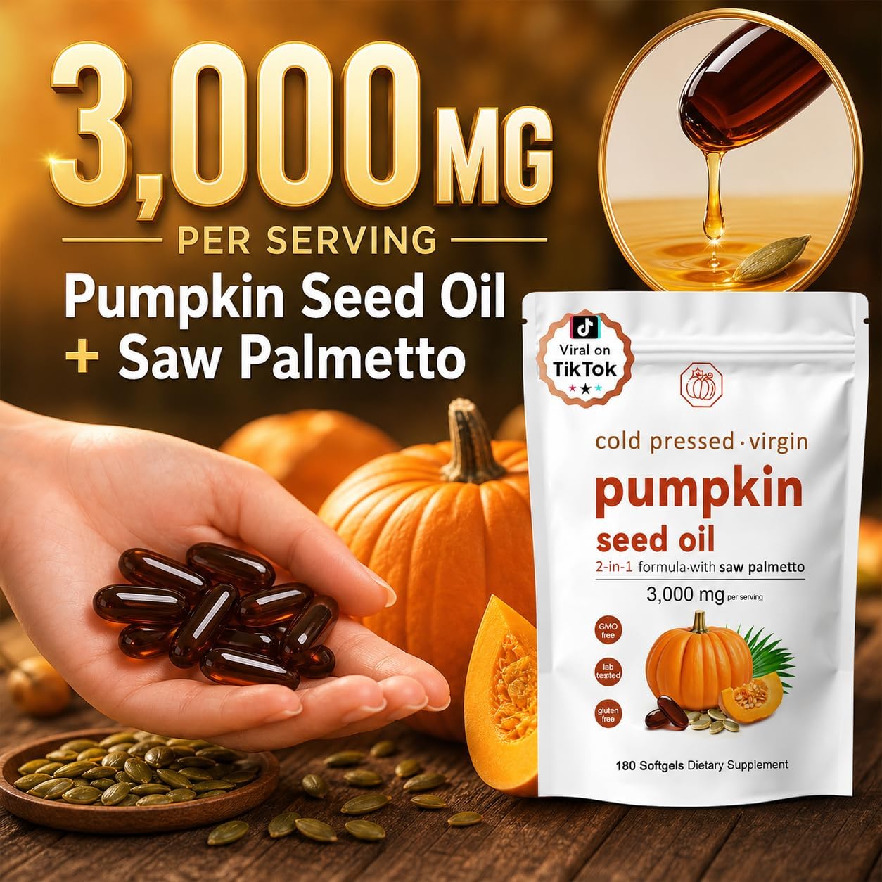 Detalle 2 de Generic Pumpkin Seed Oil Softgels with Saw Palmetto, 3,000 mg, 180 Count