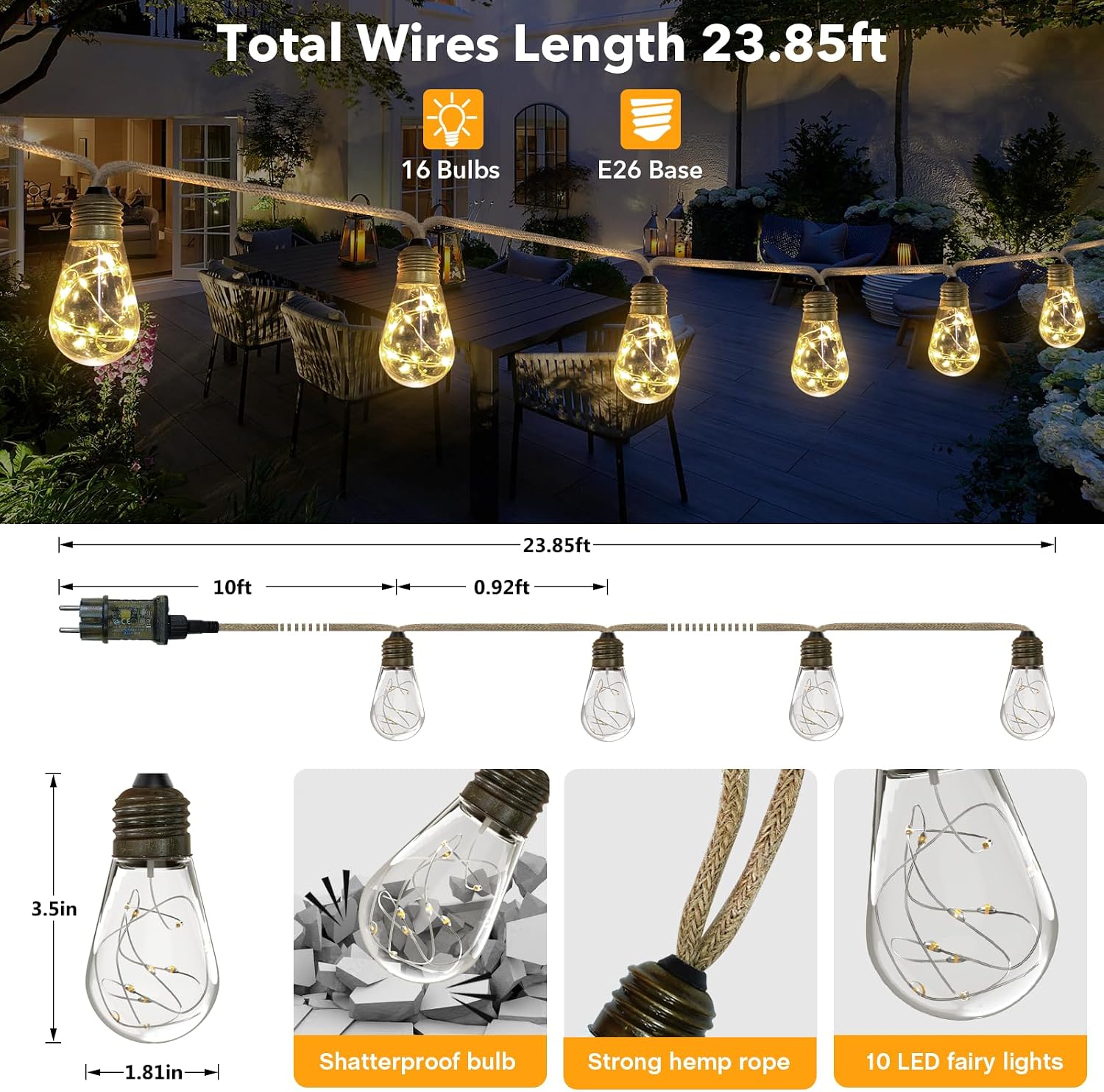 Detalle de A.bigwhale Lichterkette Aussen Strom mit Timer und 20 Vintage-Glühbirnen, 8 Modi (Warmweiß, 6 m)