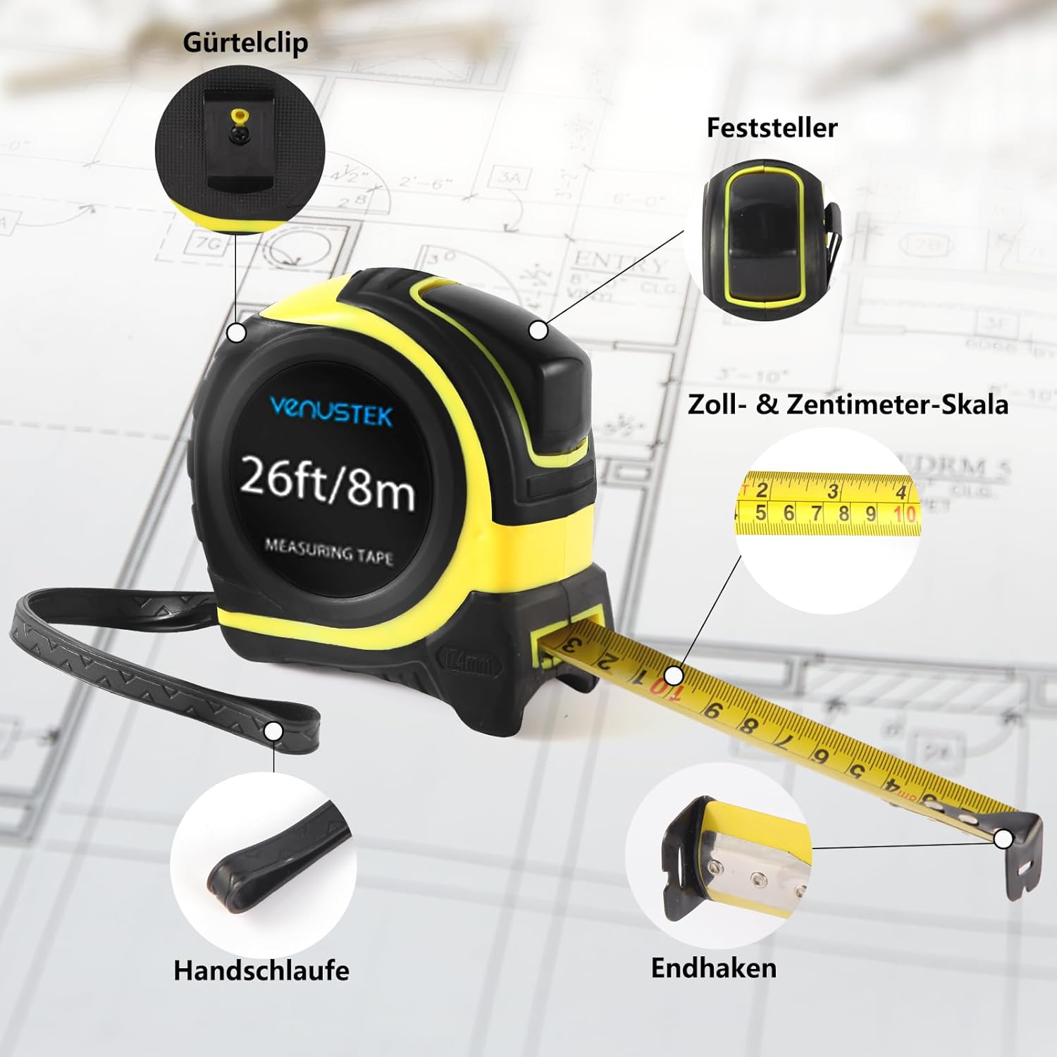 Thumbnail 5 de VENUSTEK Maßband 8 m – Profi Bandmaß mit Gürtelclip, Feststeller & doppelter Skala (mm/Zoll)