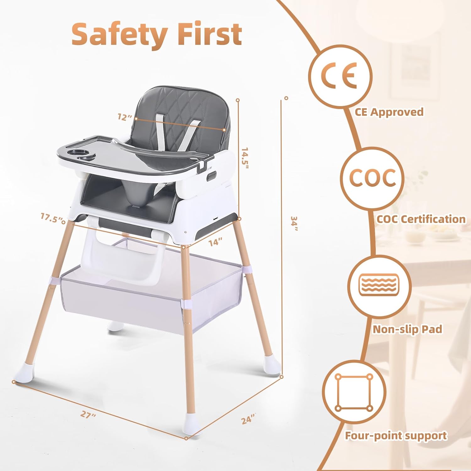 Detalle de Cozydwells 3-in-1 High Chair for Babies and Toddlers (Grey)
