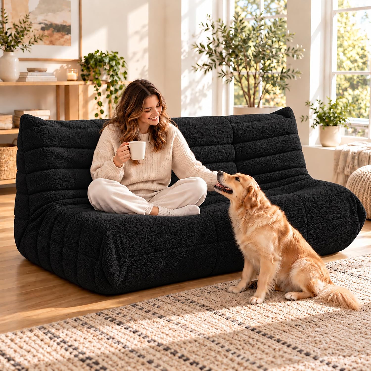 Thumbnail 3 de YVDNHP Bean Bag Chair 2-Seater Loveseat, Black Teddy Fabric, Memory Foam