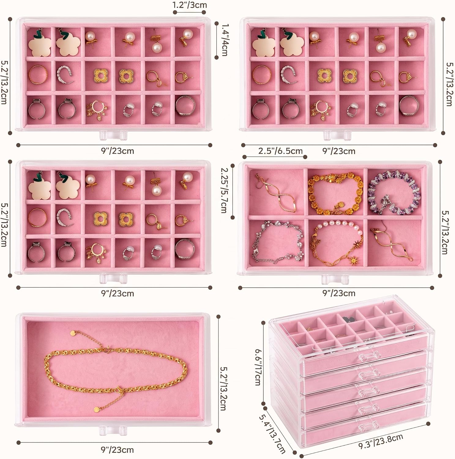 Detalle de Frebeauty akrylowy organizer na biżuterię, 5 szuflad, różowy, aksamitne wkłady