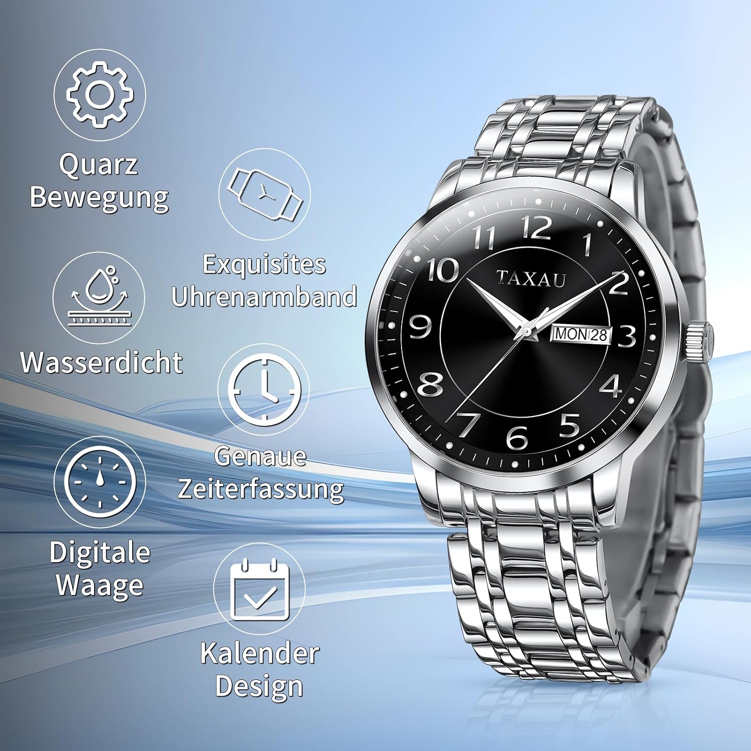Thumbnail 2 de Taxau Edelstahl Herrenarmbanduhr mit wasserdichtem Design (30 m), Quarzwerk und Multifunktions-Zifferblatt