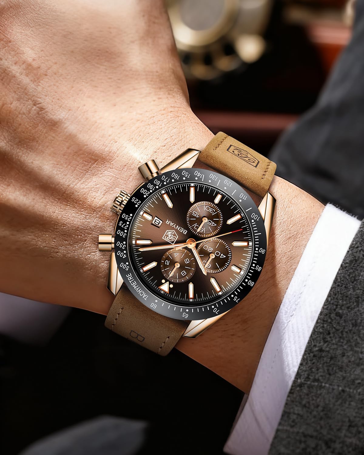 Thumbnail 2 de BY BENYAR Herrenuhr 45 mm Chronograph Braun Leder
