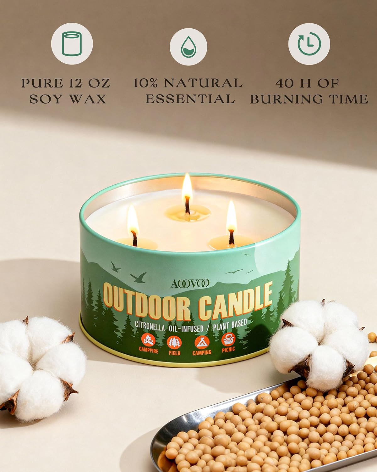 Thumbnail 3 de AOOVOO Citronella Candles Outdoor — 3-Wick 12oz Large Soy Candle for Patio & Camping
