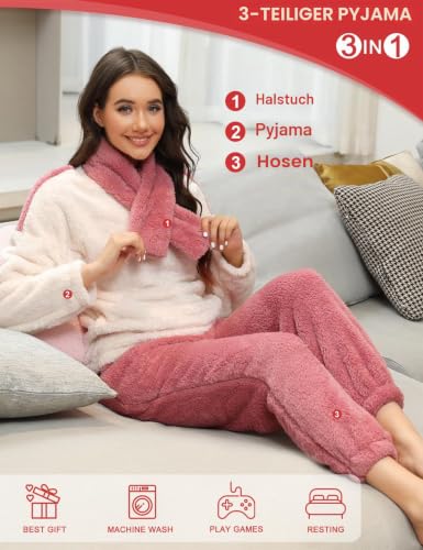 Thumbnail 4 de TOMEEK Damen Schlafanzug-Set Winter – Kuscheliger Polar-Fleece Pyjama mit Langarm-Oberteil, Hose und Schal in Orange/Rosa, XXL