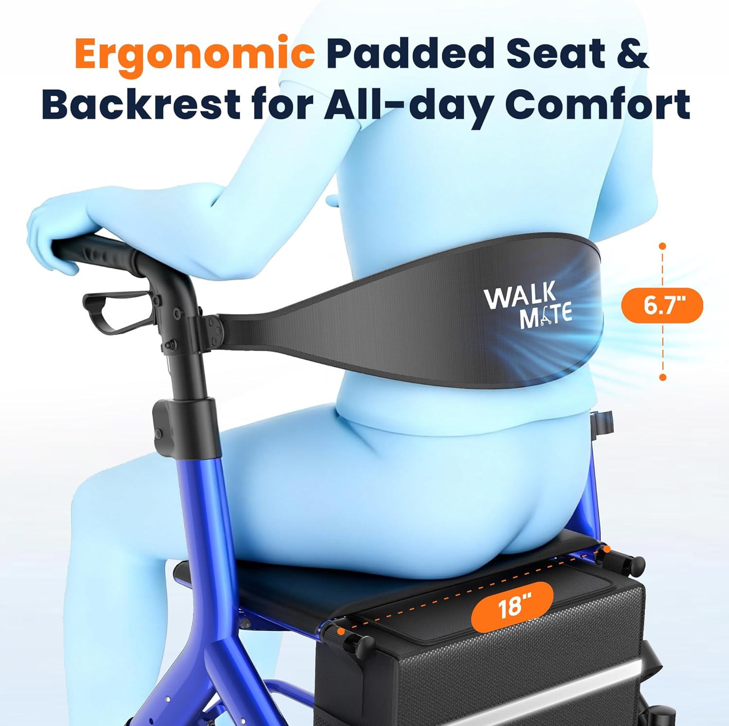 Detalle de WALK MATE Pro Blue rollator, verstelbaar en opvouwbaar met 25 cm wielen