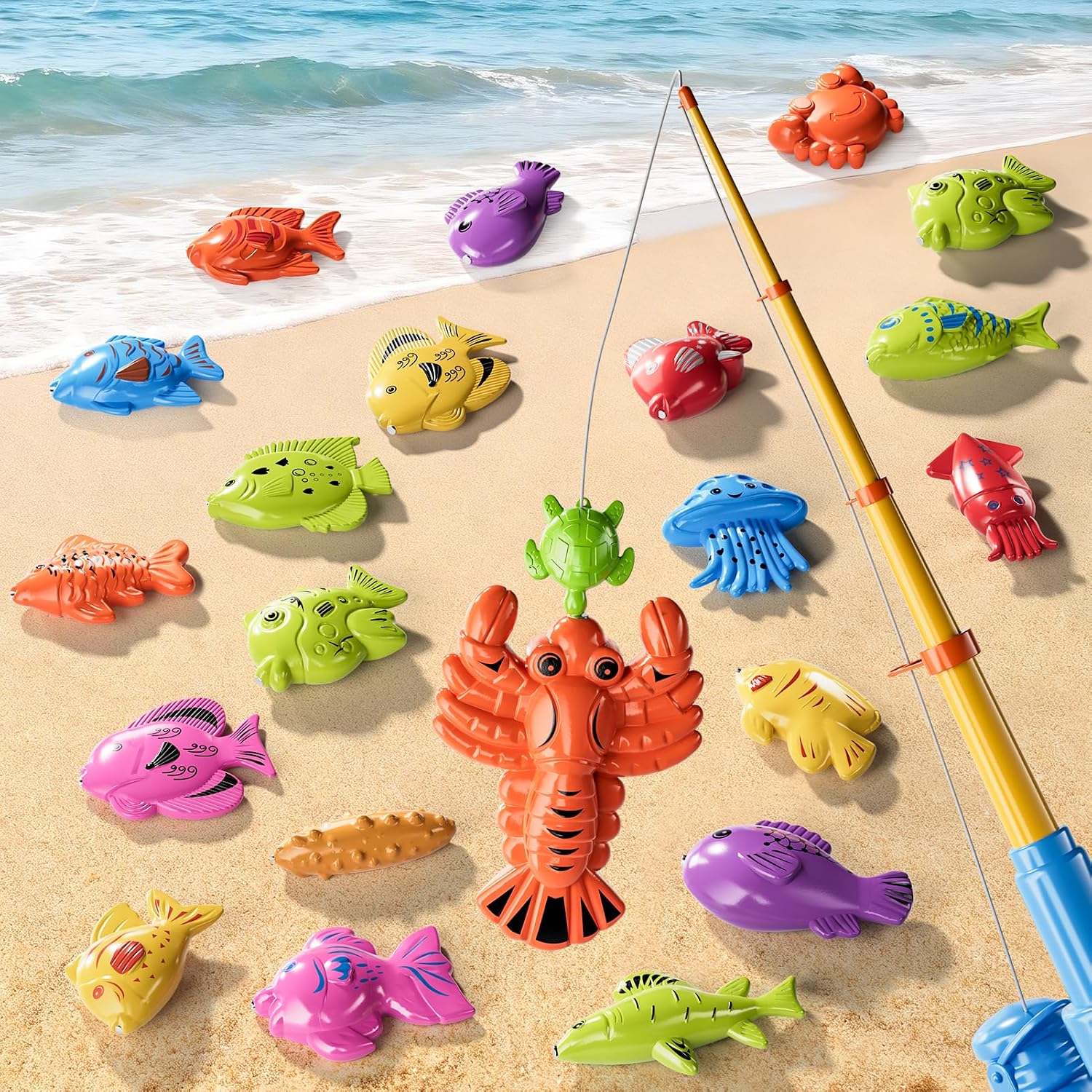 Detalle de Magnetic Fishing Game Toy Set with Rod, Net and Floating Sea Creatures for Kids 3–8