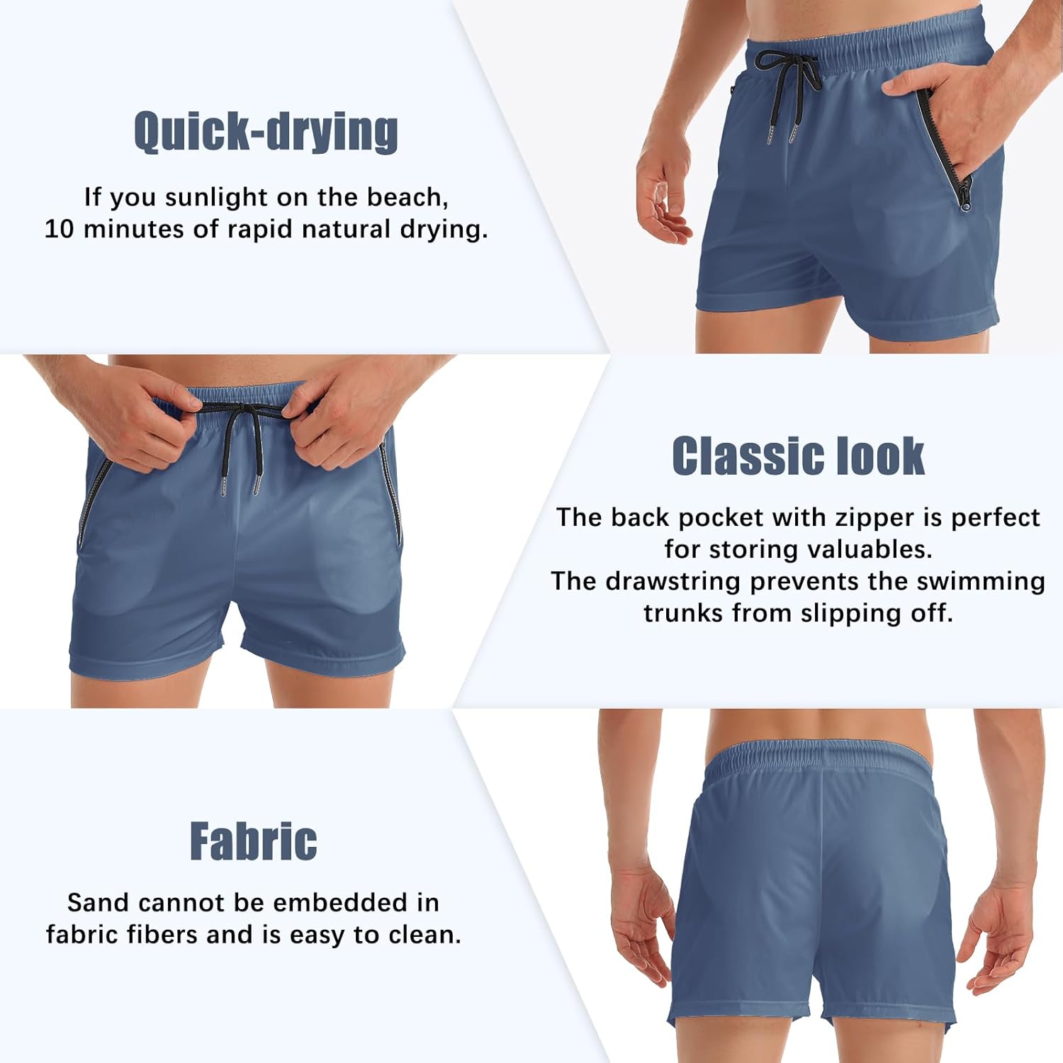Detalle 2 de EDOTON Herren Badehose – vielseitige Badeshorts mit Reißverschlusstaschen, elastischem Bund und verstellbarem Tunnelzug