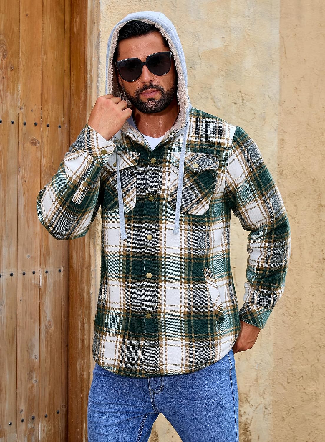 Detalle 2 de Shawnda Men's Hooded Sherpa-Lined Flannel Shirt Jacket with Snap Front