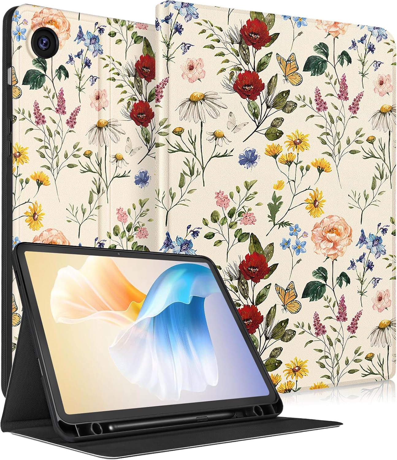 Detalle de SurgeCraft Folio Case for Samsung Galaxy Tab A9 Plus (11”) – Floral Girly Design with Pencil Holder