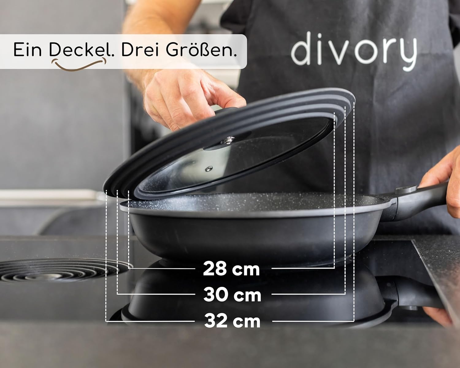 Detalle de DIVORY Pfannendeckel für 28, 30 & 32 cm – Glasdeckel mit abgestuftem Silikonrand