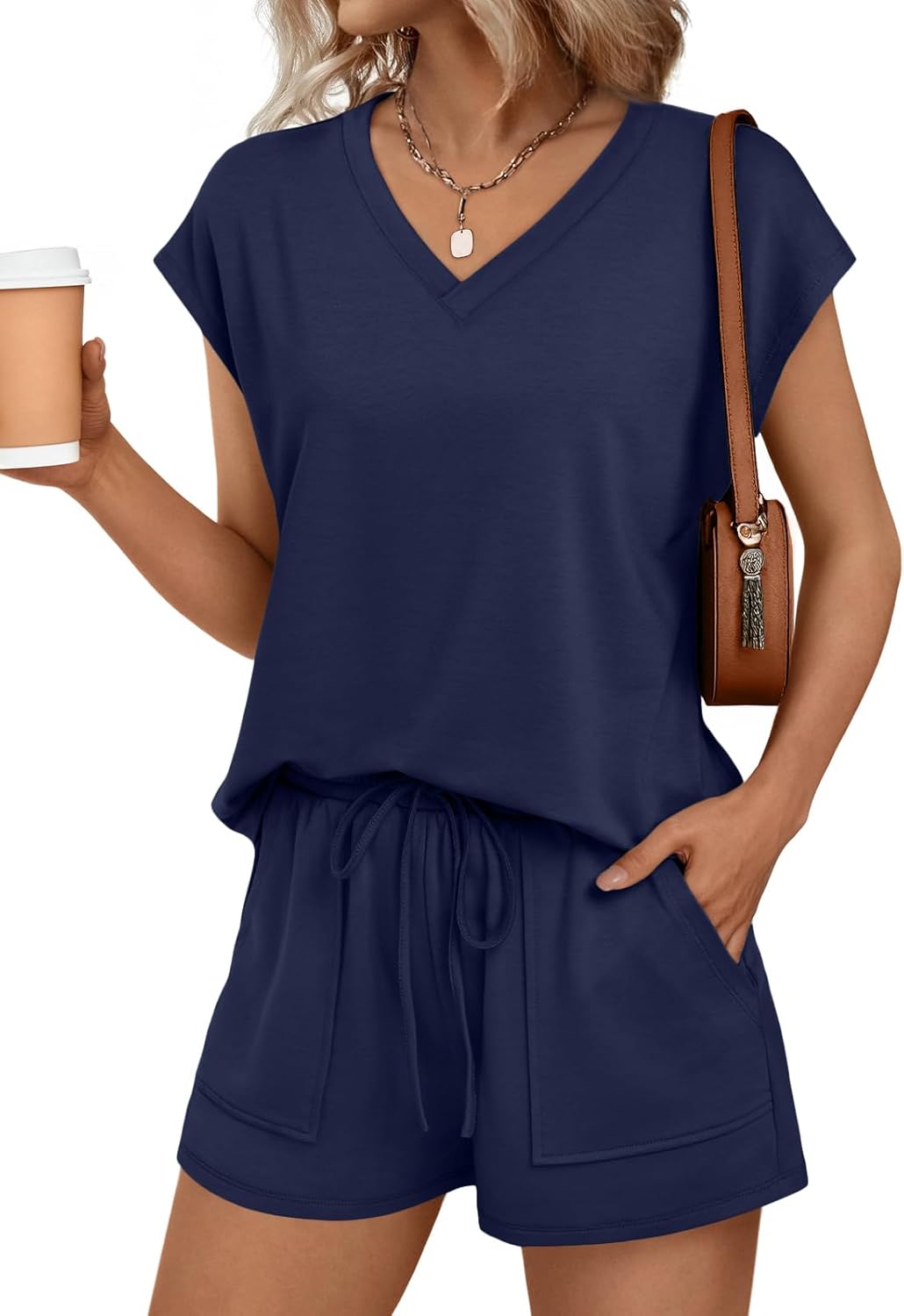 Thumbnail 6 de AUTOMET Women 2 Piece V Neck Matching Lounge Set - Spring/Summer Shortset