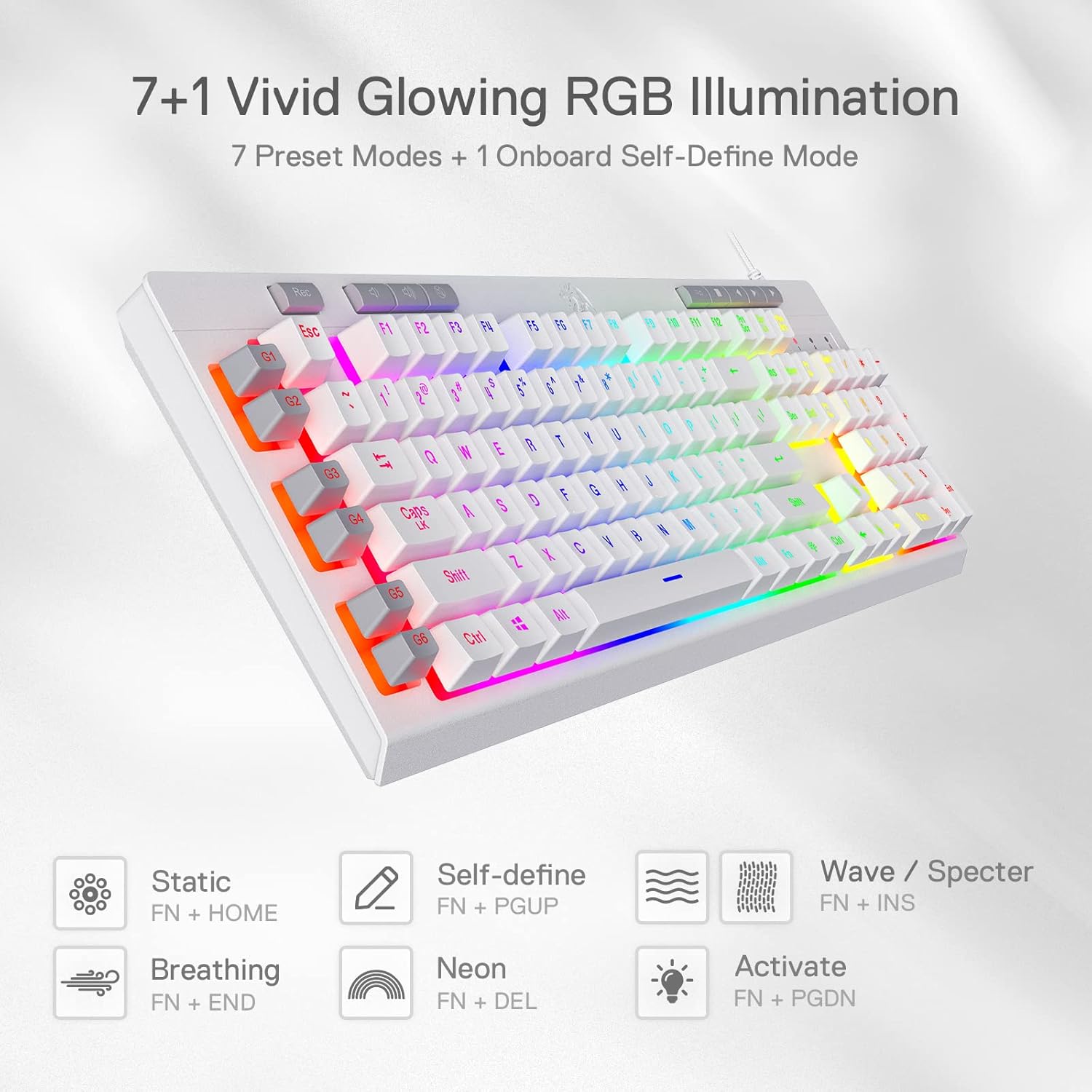 Detalle de Redragon K512 Shiva US-Layout weiße Membran-Gaming-Tastatur – RGB, Makros & abnehmbare Handballenauflage