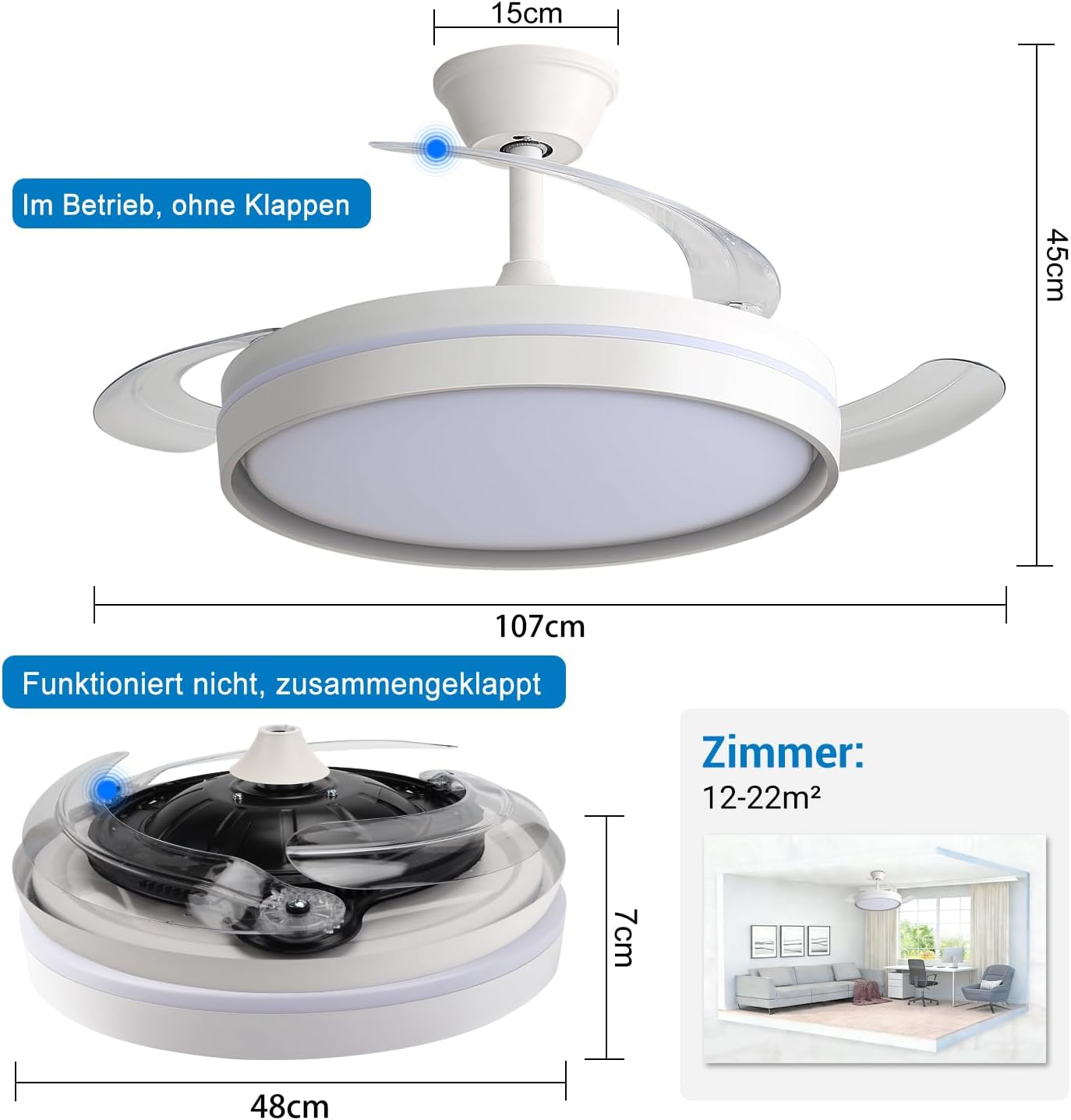 Detalle de EXTRASTAR 106 cm Ventilatore da Soffitto con Luce e Pale Retrattili: Silenzioso, 6 Velocità, Telecomando e Motore DC