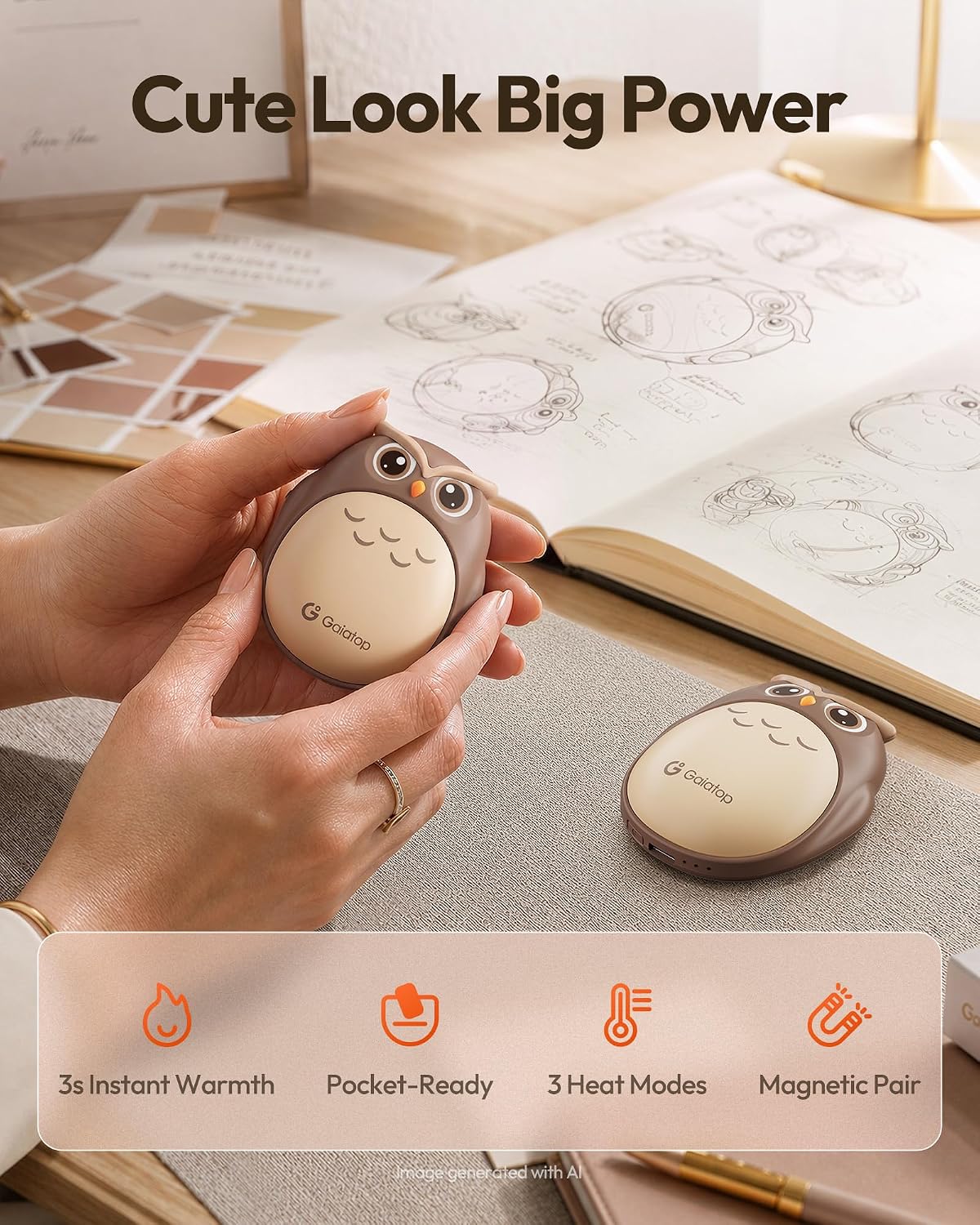 Thumbnail 1 de Gaiatop Rechargeable Hand Warmers, 2-Pack Owl Magnetic 3-Level