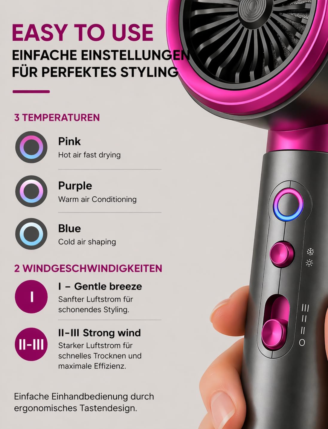 Detalle de DMTIVMG Haartrockner Ionen 2200W: Schnelles Trocknen, Diffusor und Konzentrator – ideal für unterwegs