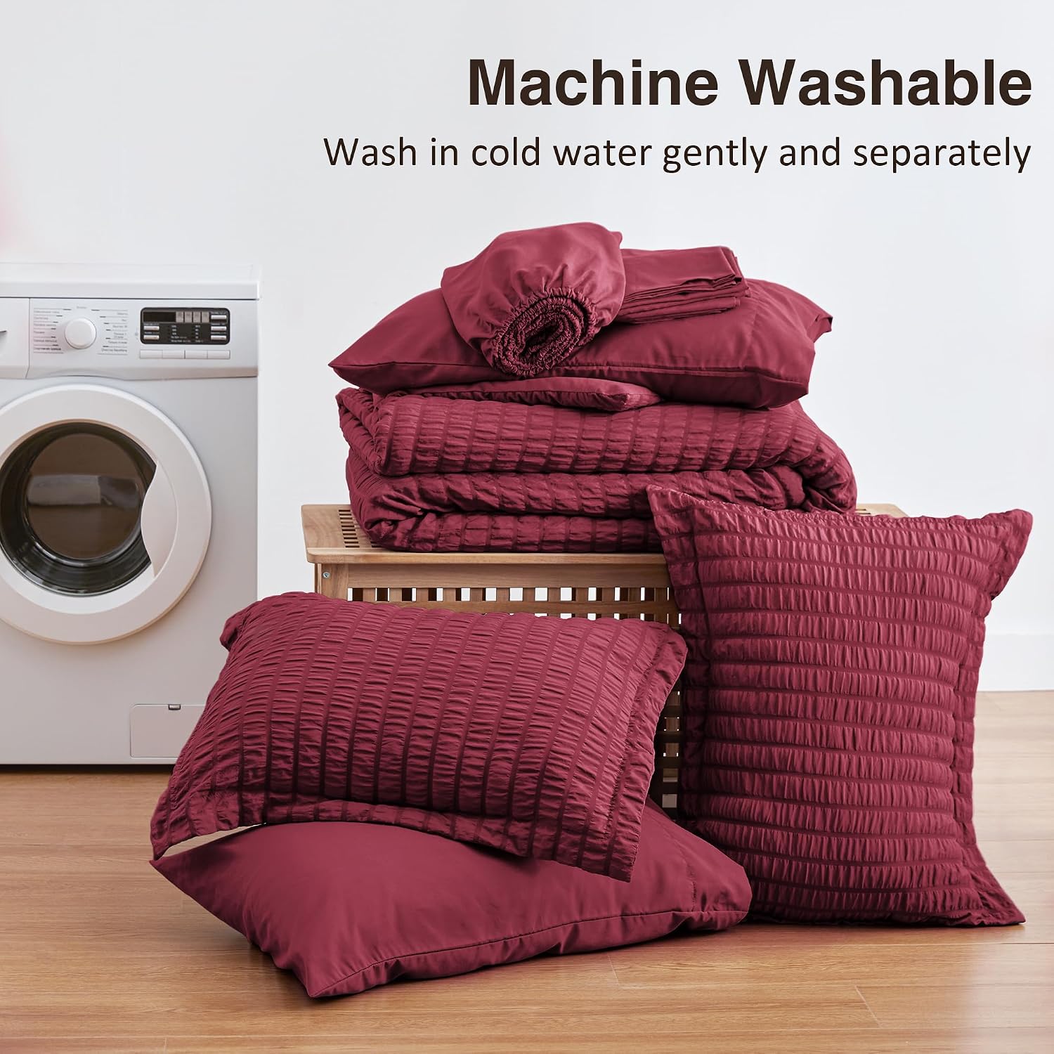 Thumbnail 6 de Love's cabin Seersucker Burgundy King Size Comforter Set — 7-Piece All Season Bed in a Bag