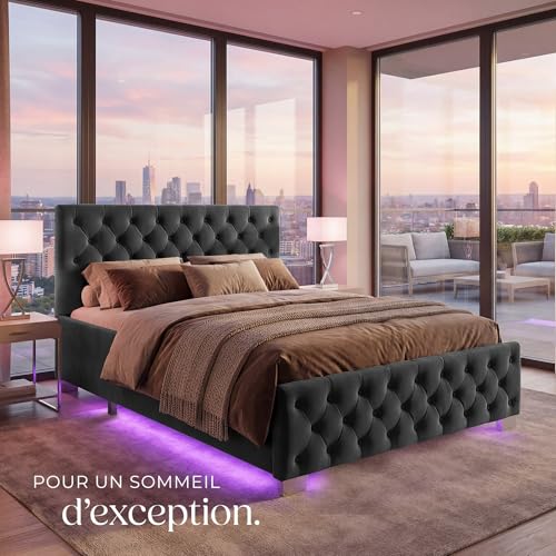 Thumbnail 7 de tectake Lit capitonné 140x200 avec sommier, coffre et éclairage LED – cadre acier époxy, tête de lit design Chesterfield