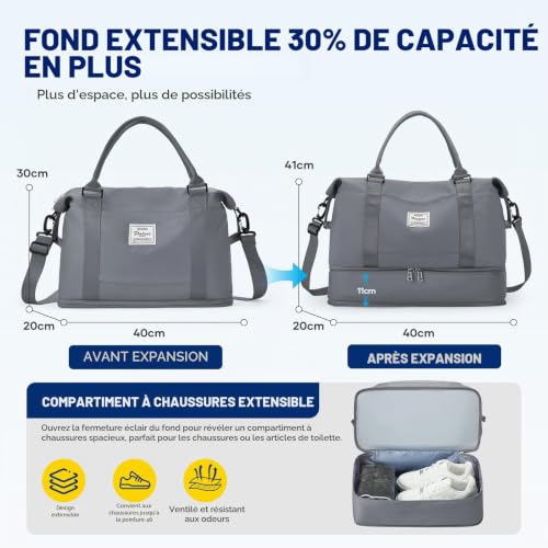 Detalle 2 de SEAFEW Sac de voyage cabine 40 × 30 × 20 cm, compartiment à chaussures, gris ardoise