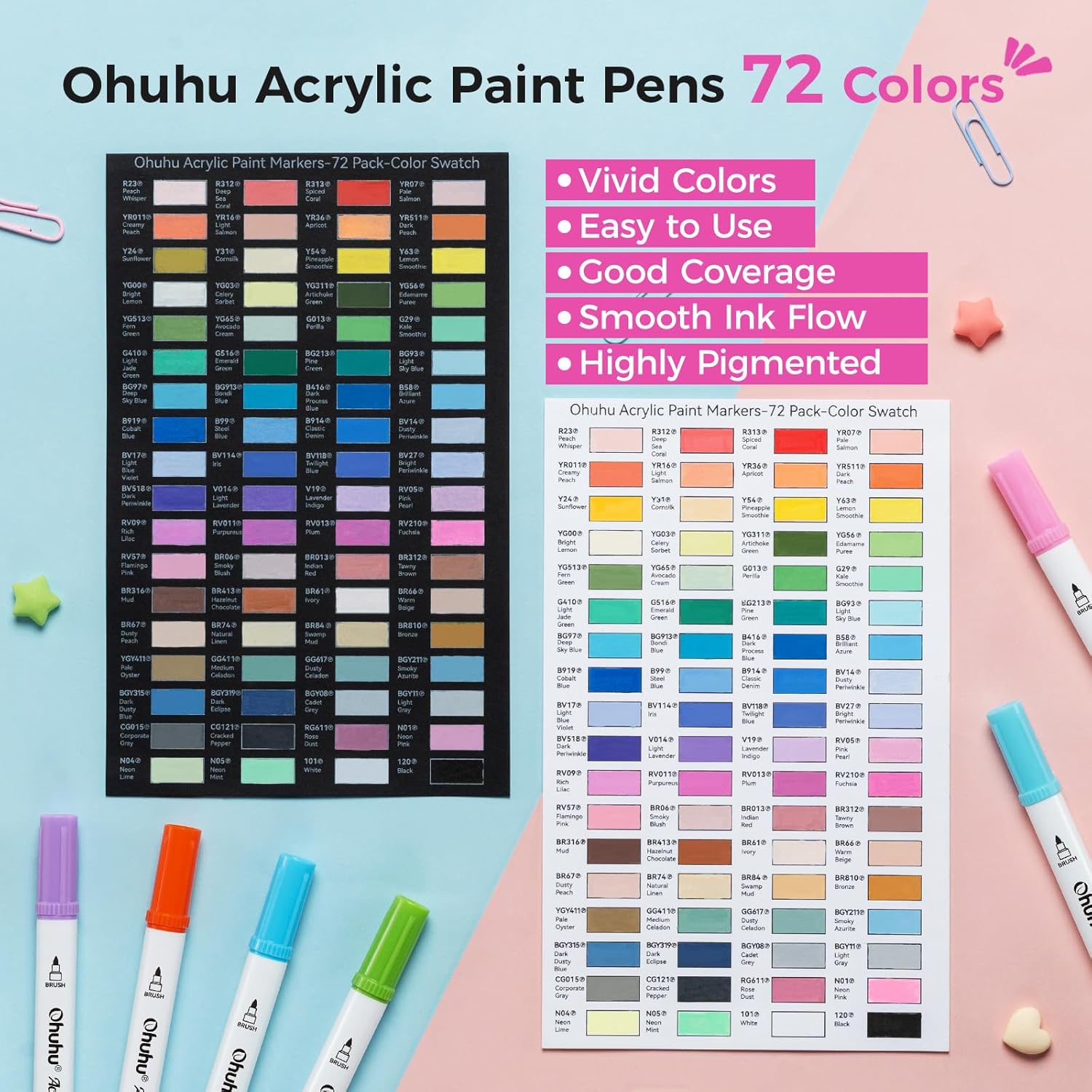 Thumbnail 1 de Ohuhu Acrylic Paint Pens (72 Colours) Dual Tips – Brush & Dot acrylic markers for rocks, Easter eggs, wood and more