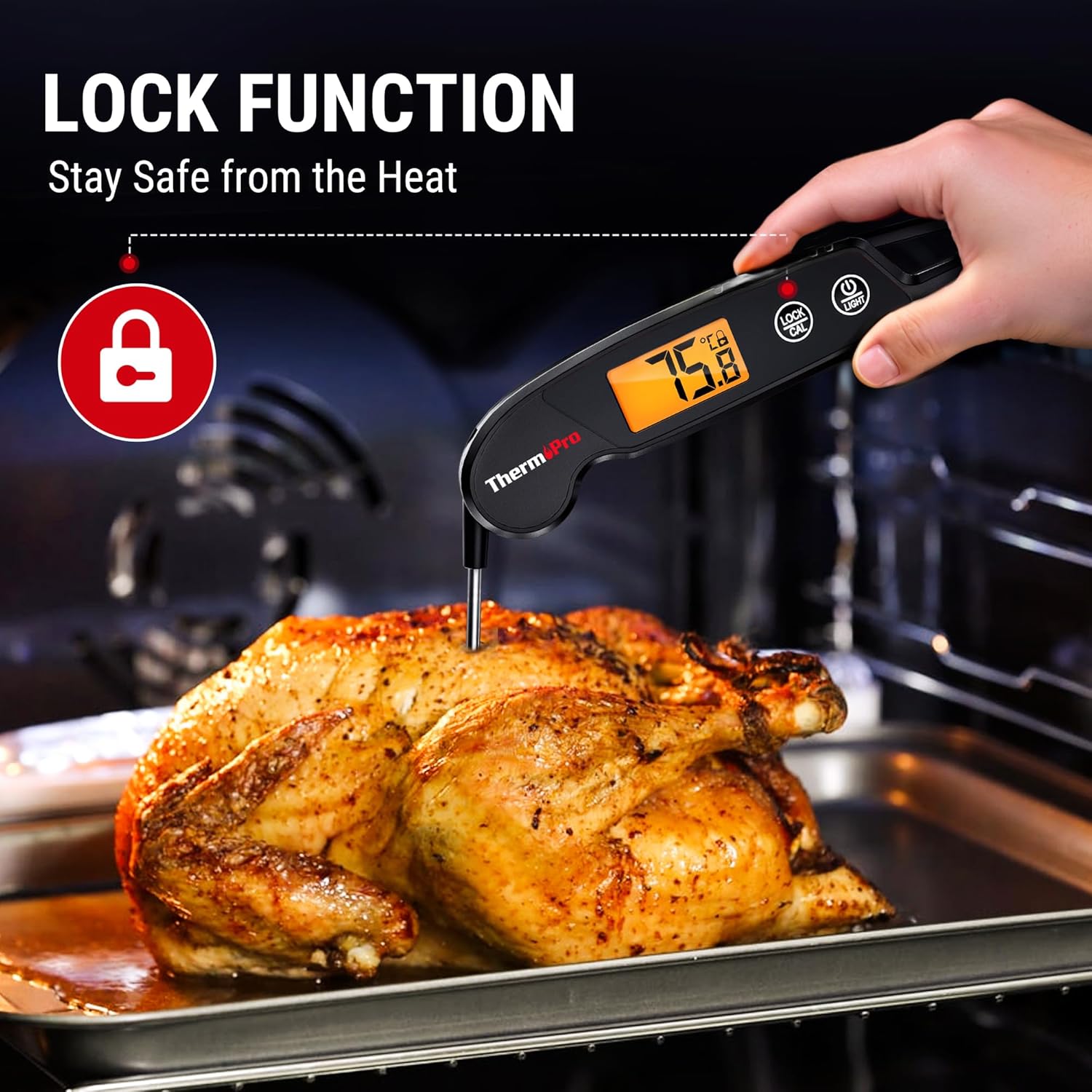 Detalle de ThermoPro TP603B digitales Fleischthermometer für Grill & Küche mit faltbarer Sonde, wasserdicht (IPX6)