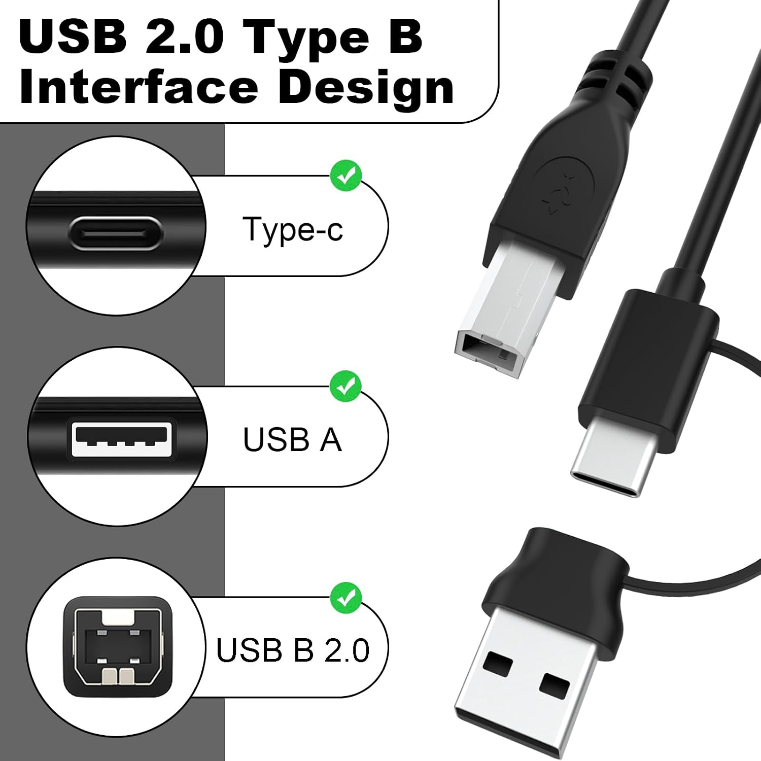 Detalle de Zosvoses USB A/C auf USB B Druckerkabel 2-in-1 – Hochgeschwindigkeits-Scanner-/Druckerkabel, 1 m, USB-C/USB-A kompatibel