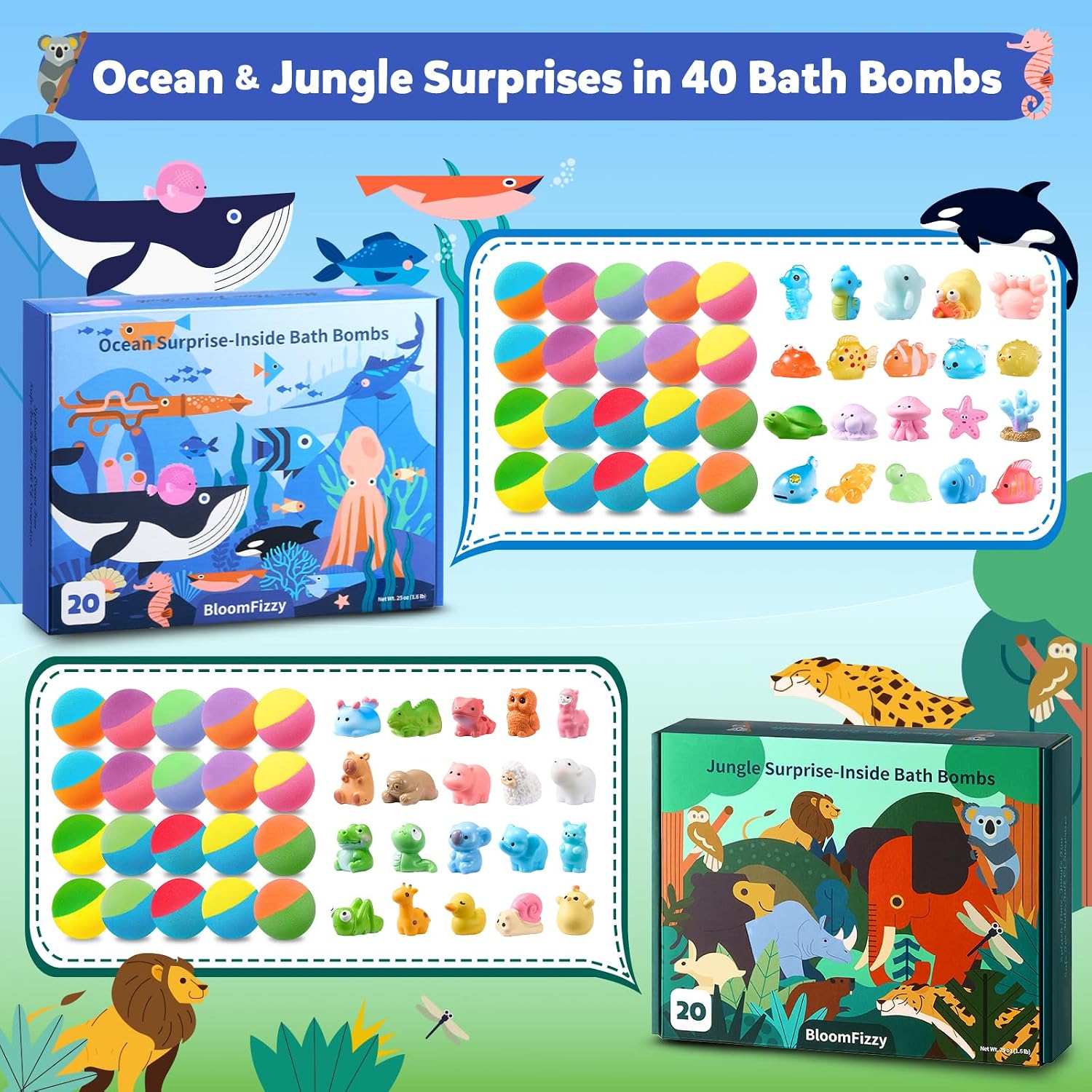 Detalle 2 de 40 Kids Bath Bombs with Surprise Inside: Ocean & Jungle Animal Gift Set