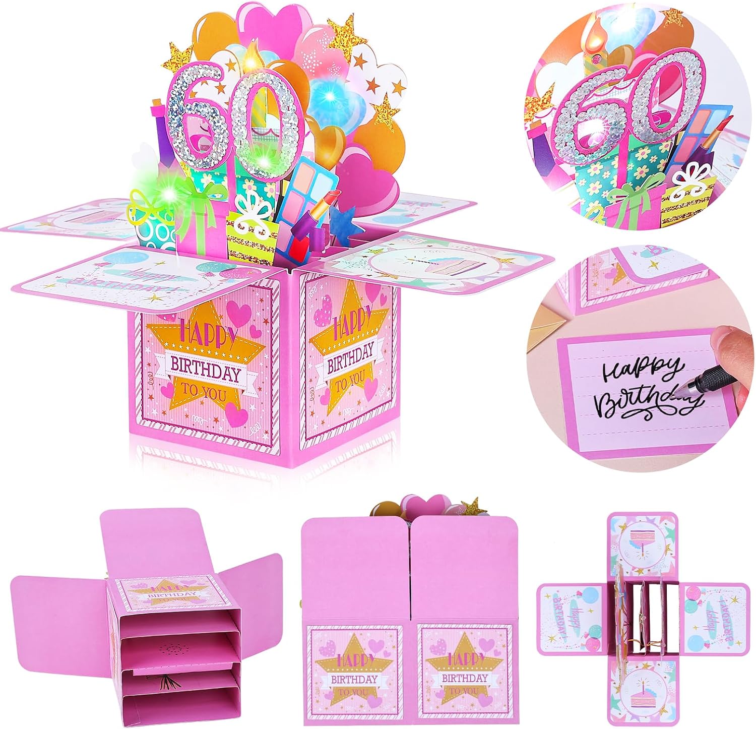 Detalle de Joyoldelf Biglietto Auguri Compleanno 60 Anni per Donna — Biglietto 3D Musicale e con Luce, Pop Up Raffinato e Divertente