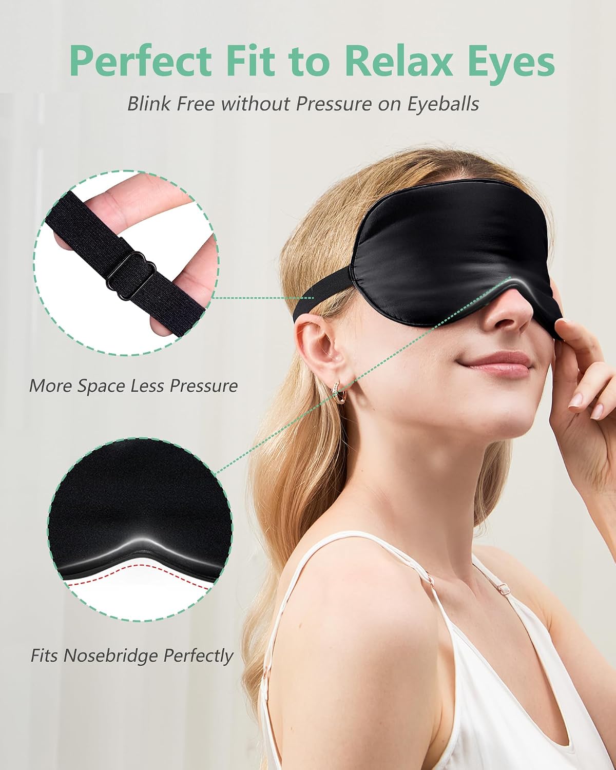 Detalle de BeeVines Silk Sleeping Mask (2-pack) – 100% natural silk eye mask with adjustable straps (Black & Peacock Blue)